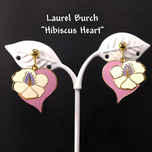 Vintage Laurel Burch "Hibiscus Heart" Clip Earrings, Cloisonne Gold Plated, 1980