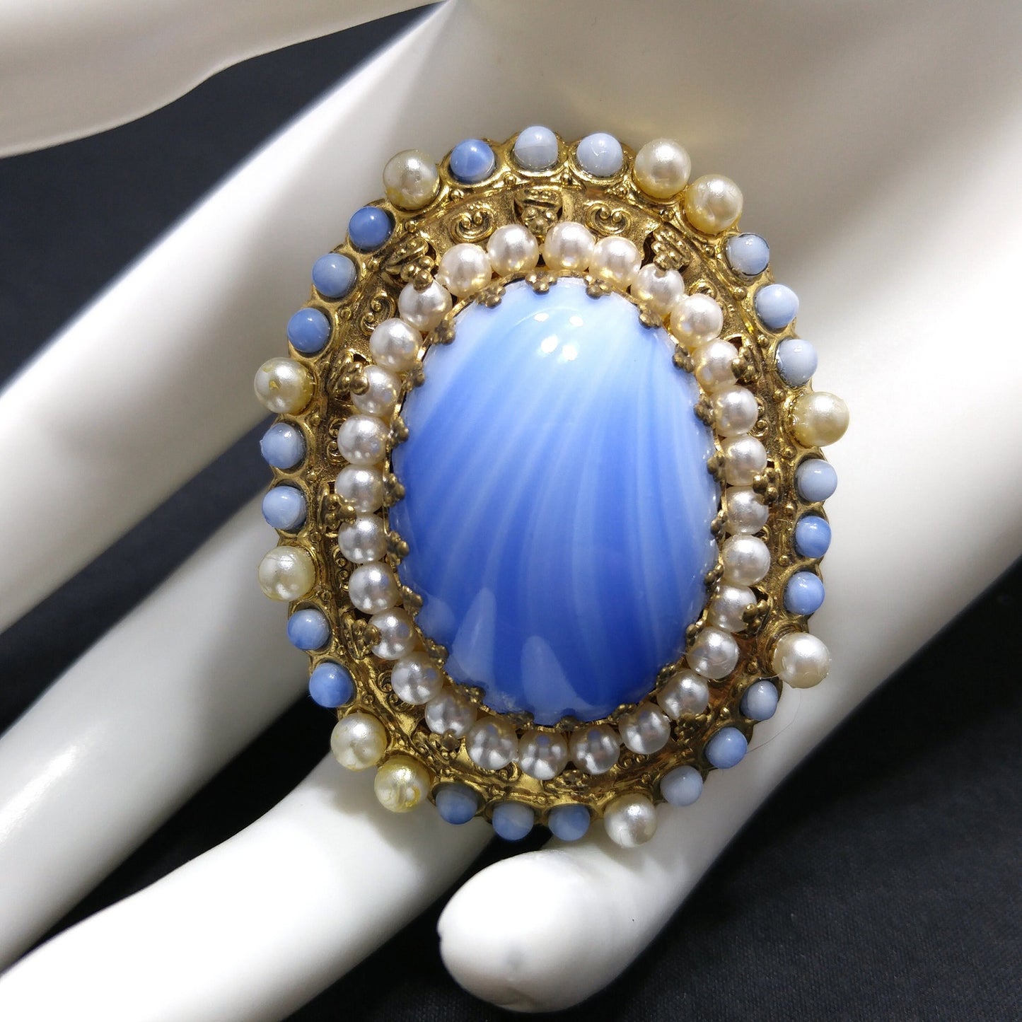 West Germany Blue Glass Filigree Brooch, Faux Pearls, 1950s Vintage Jewelry