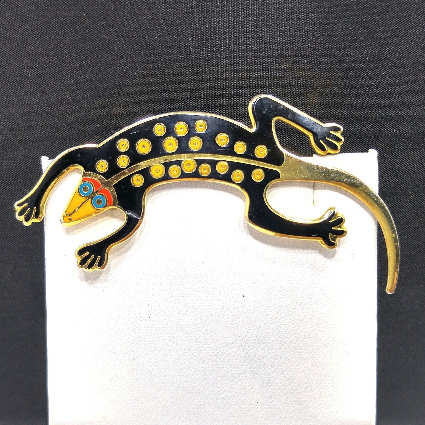 Laurel Burch Black "Lizard" Brooch, Gold Plated Cloisonne, 1980s Vintage Jewelry
