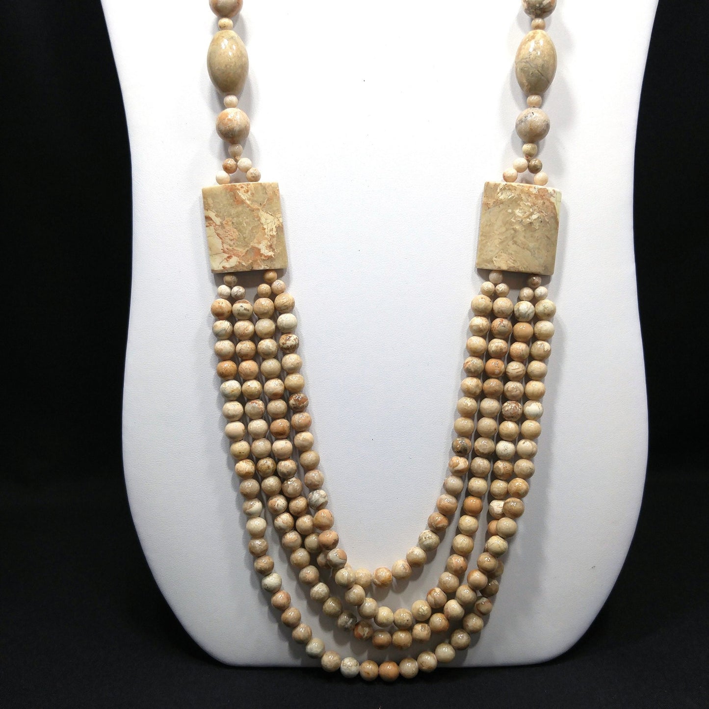 Gemstone Long Beaded Necklace, No Clasp, Four Strands in Front, 1970s Vintage Jewelry