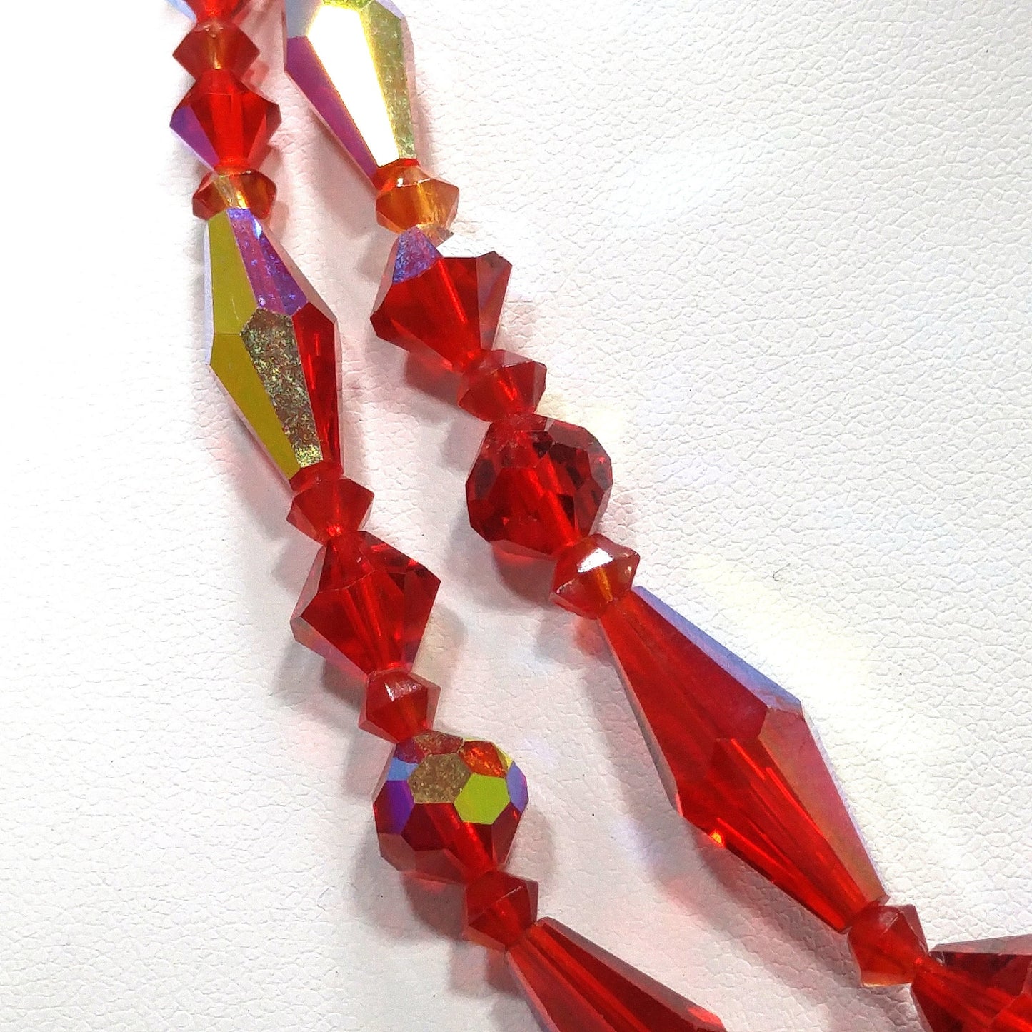 Red Aurora Borealis Crystal Beaded Necklace, Two Strands, 1950s Vintage Jewelry