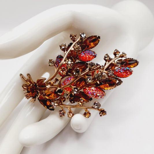 Vintage Amber Orange Rhinestone Leaf Brooch, 3D Layered, 1950s