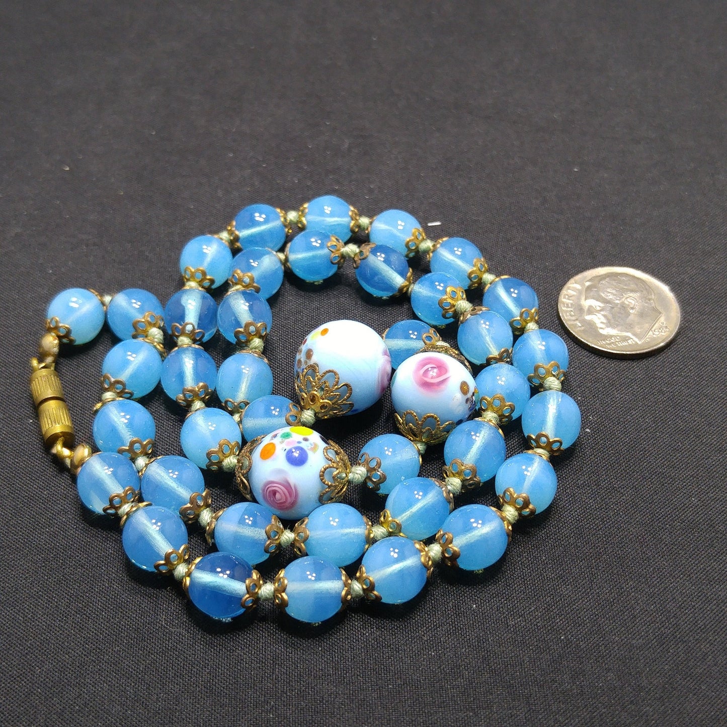 Murano Bead Hand Knotted Necklace, Three Wedding Cake Beads, 1950s Vintage Jewelry