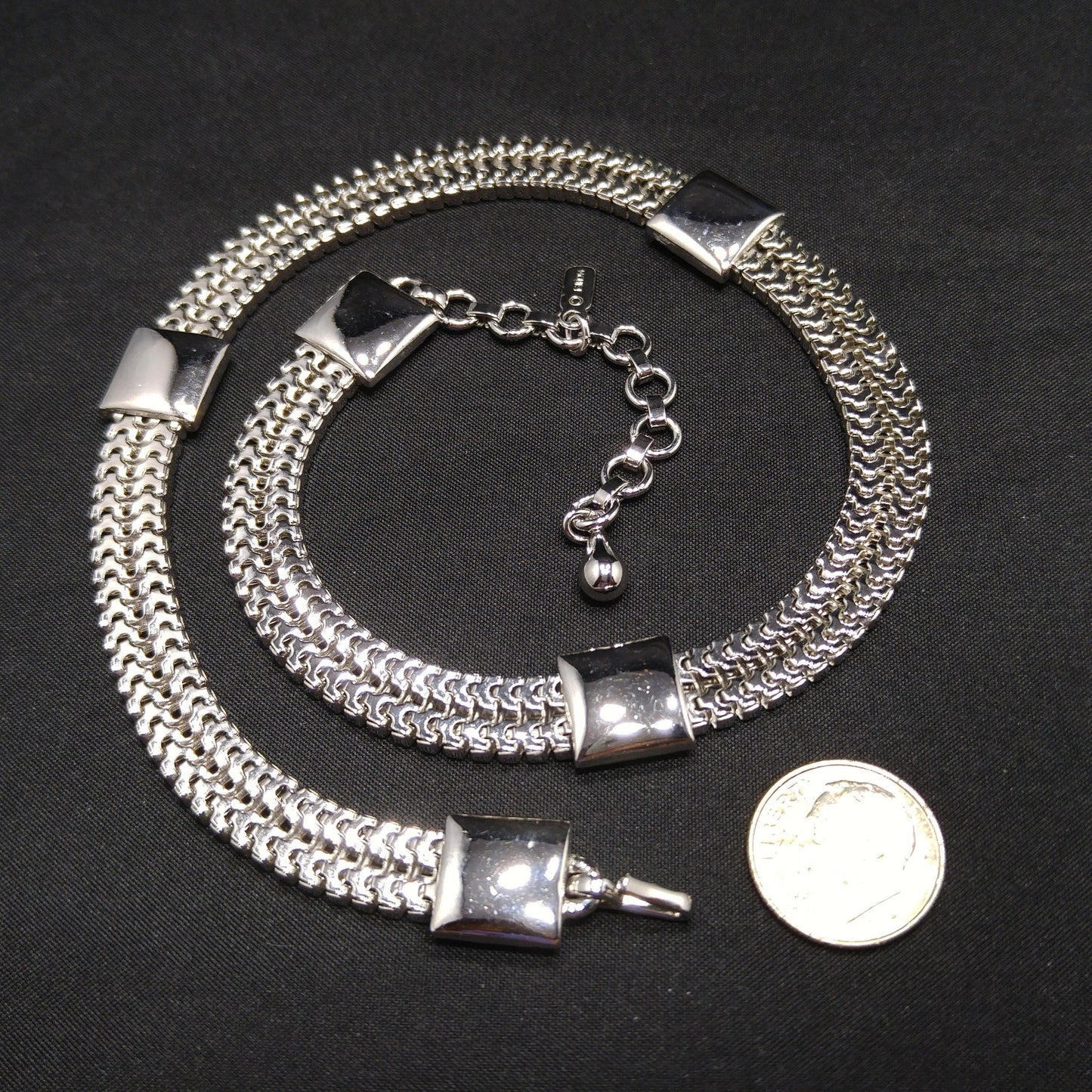 Monet Silver Wide Box Chain Necklace, Gold Plated, 1960s Vintage Jewelry