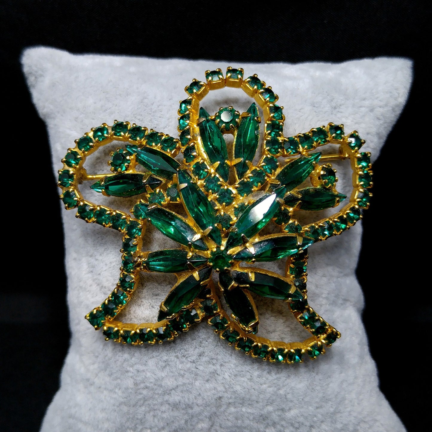 Green Rhinestone Floral Brooch, Gold Plated, 1960s Vintage Jewelry