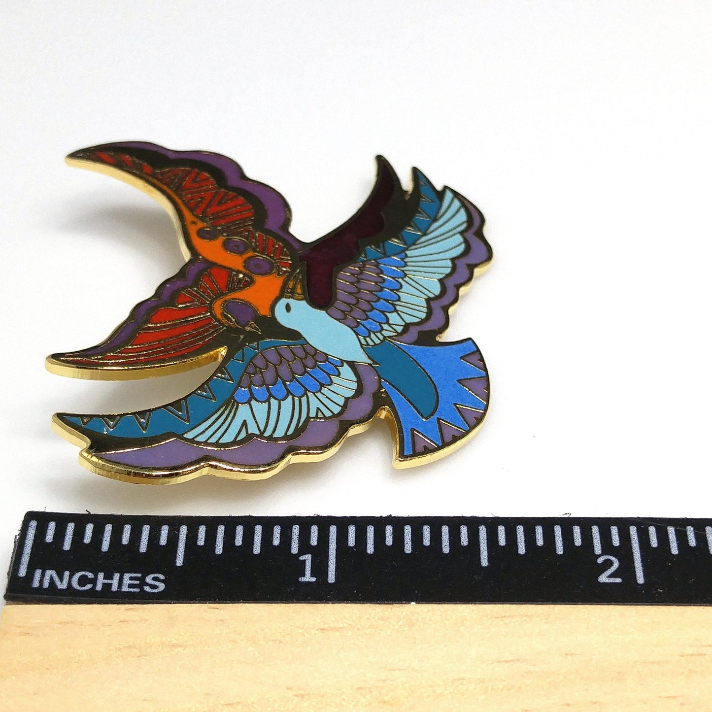 Laurel Burch "Ethereal Birds" Brooch, Cloisonné and Enamel, Gold Plated, 1980s Vintage Jewelry