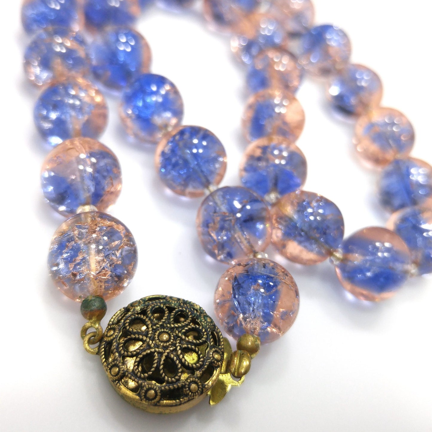 Blue Pink Crackle Glass Beaded Necklace, Filigree Brass Clasp, 1950s Vintage Jewelry