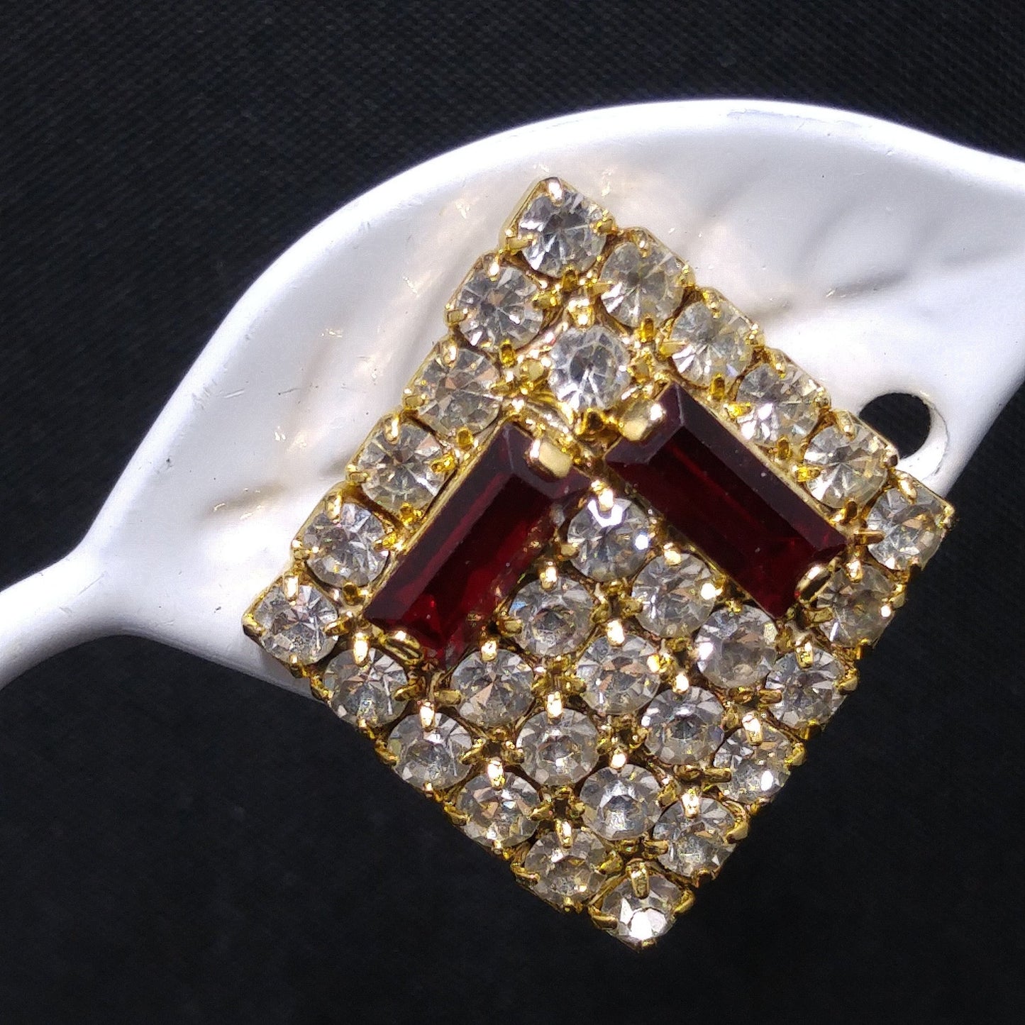 Hobe' Designer Red Clear Rhinestone Clip Earrings, Gold Plated, 1960s Vintage Jewelry