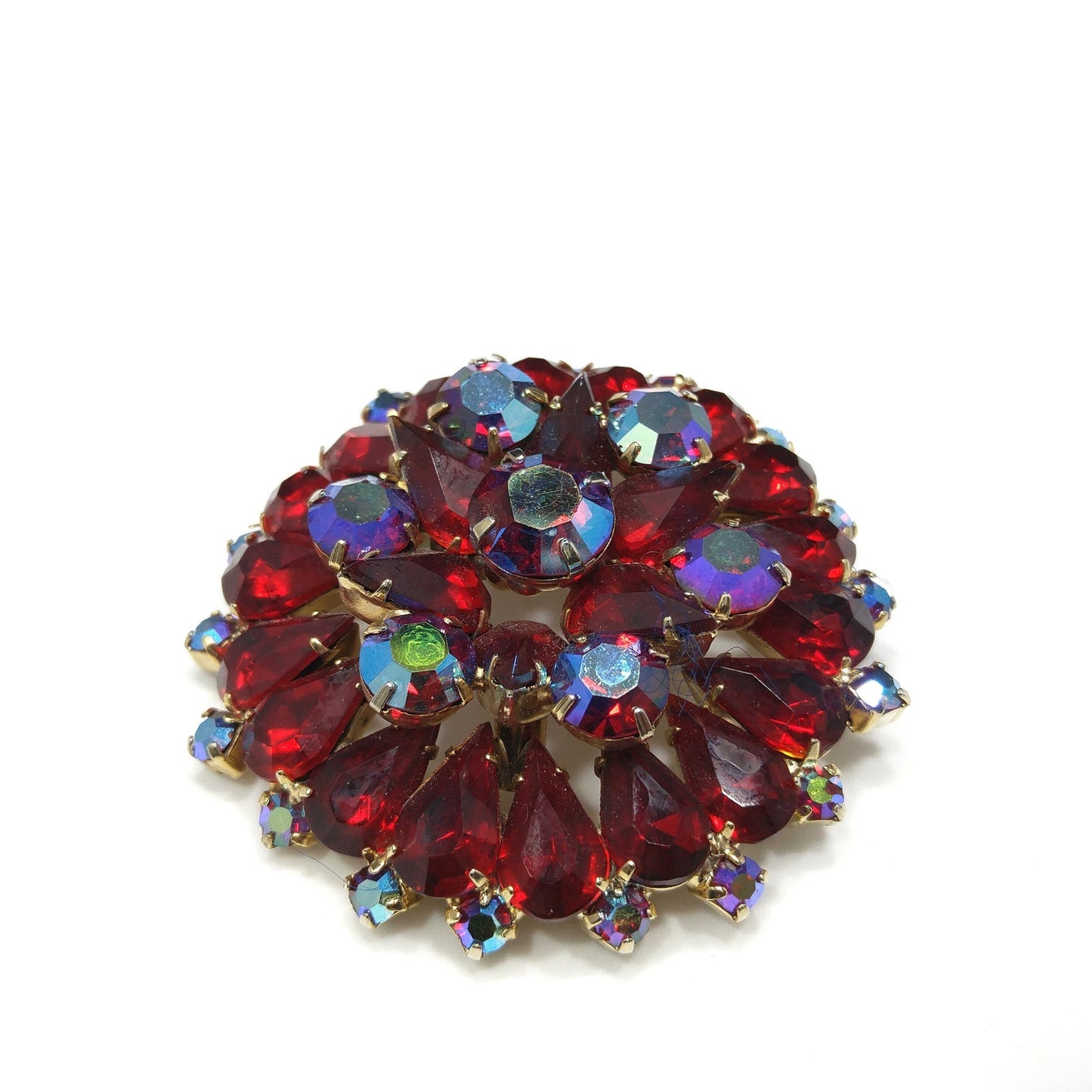 Ruby Red Rhinestone Brooch, Aurora Borealis, Gold Plated, 1960s Vintage Jewelry
