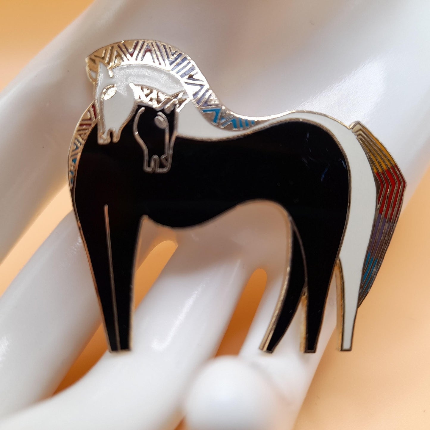 Laurel Burch "Embracing Horses" Brooch, Gold Plated, Black White Horse, 1980s Vintage Jewelry