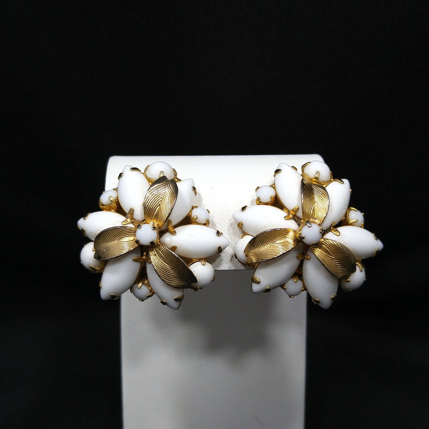 Weiss Milk Glass Gold Plated Flower Earrings, 1960s Designer Vintage Jewelry