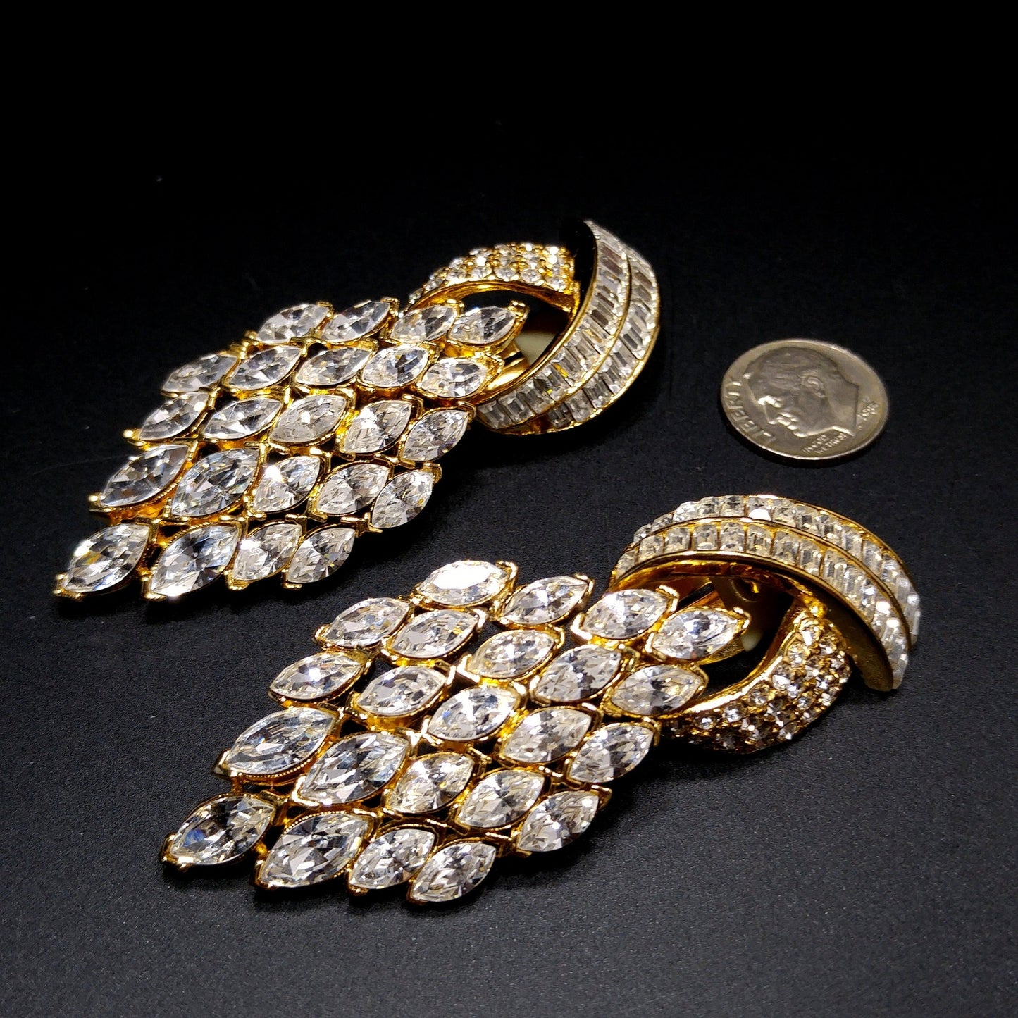 Vintage CINER Runway Clear Rhinestone Long Clip Earrings, Gold Plated