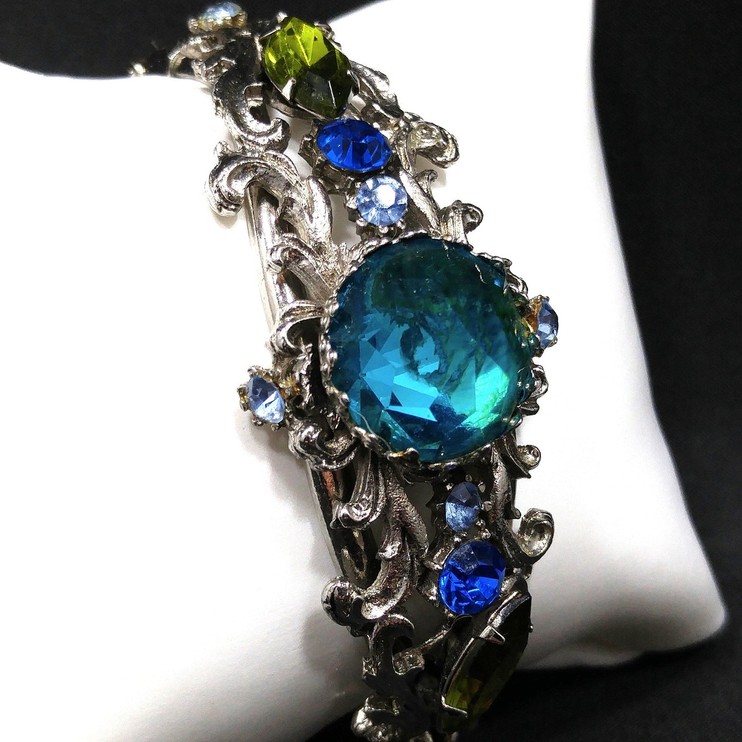 Teal Rivoli Rhinestone Hinged Bracelet, Safety Chain, Rhodium Plated, 1960s Vintage Jewelry