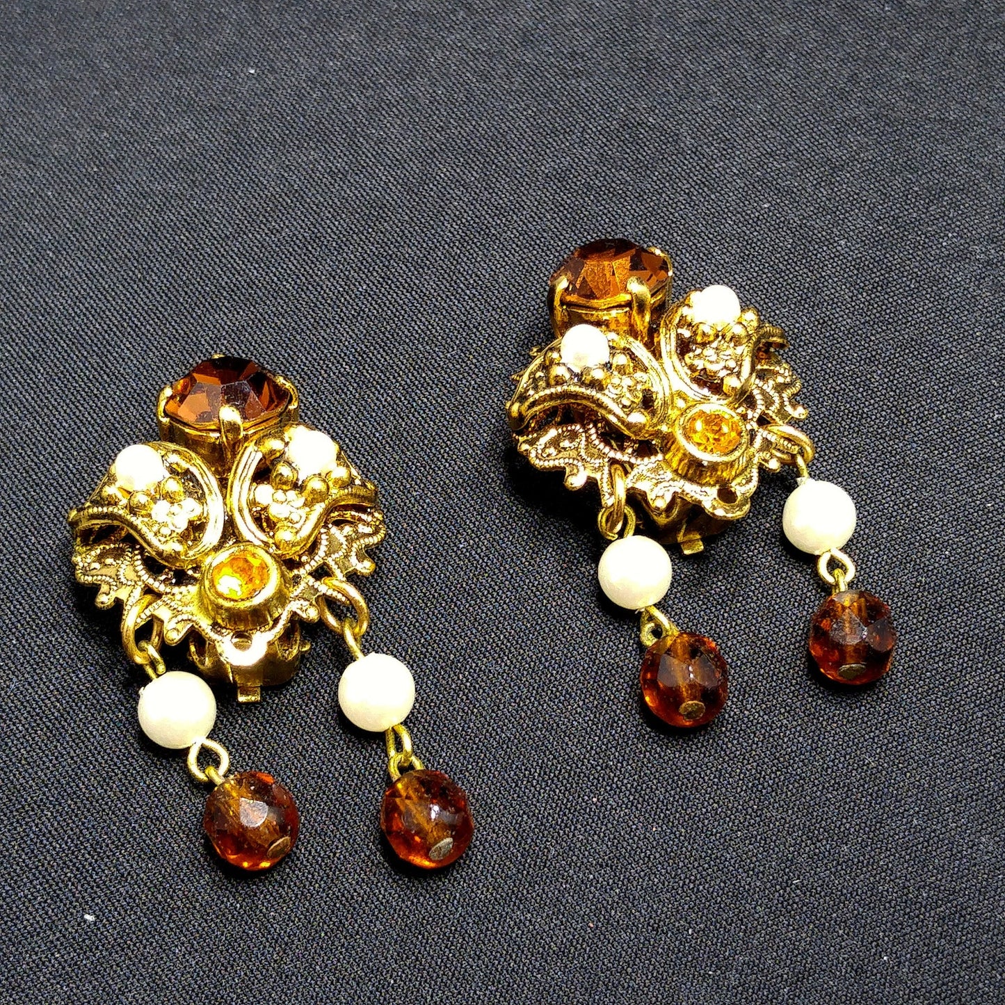 Western Germany Topaz Filigree Clip Earrings, Faux Pearls, 1950s Vintage Jewelry