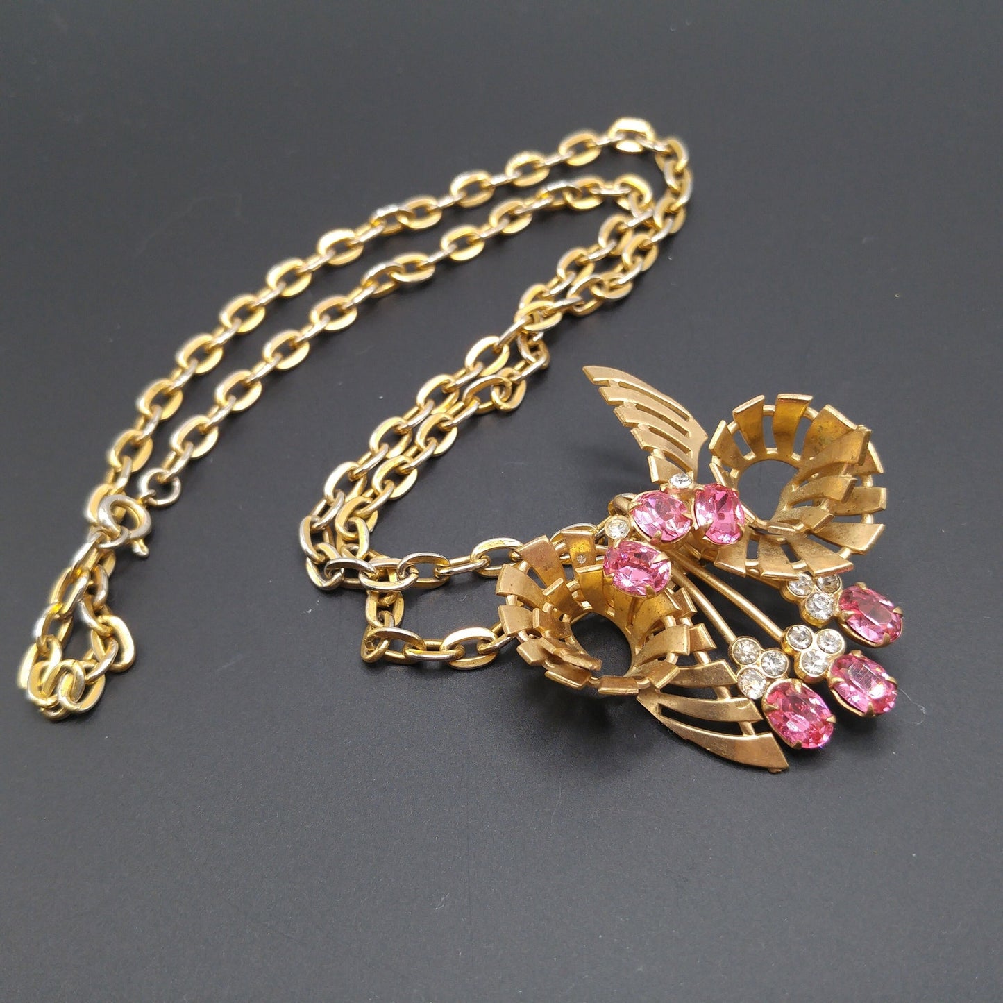 Pink Rhinestone Brooch Pendant Necklace, Gold Plated Pendant Brooch Combo, 1940s Vintage Jewelry