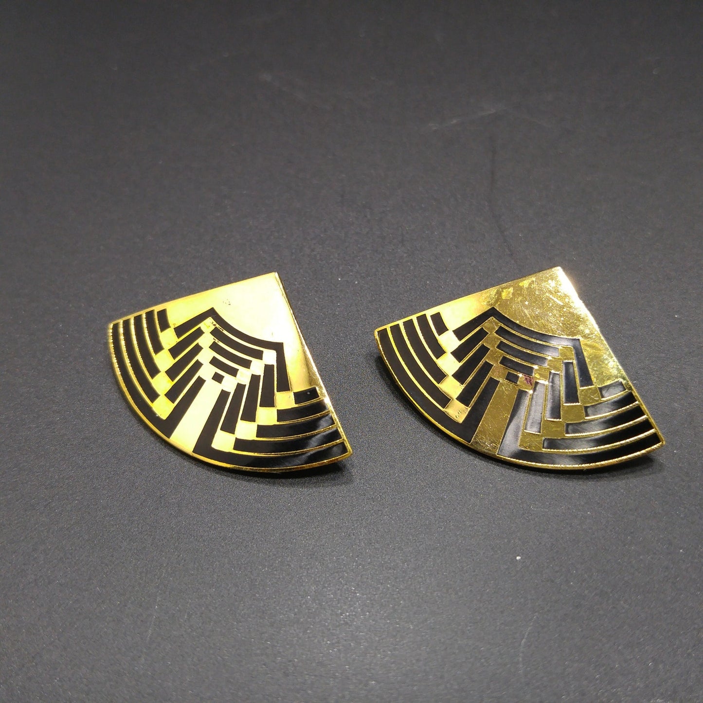 Vintage Laurel Burch Large Fan Post Earrings, Black Enamel, Gold Plated