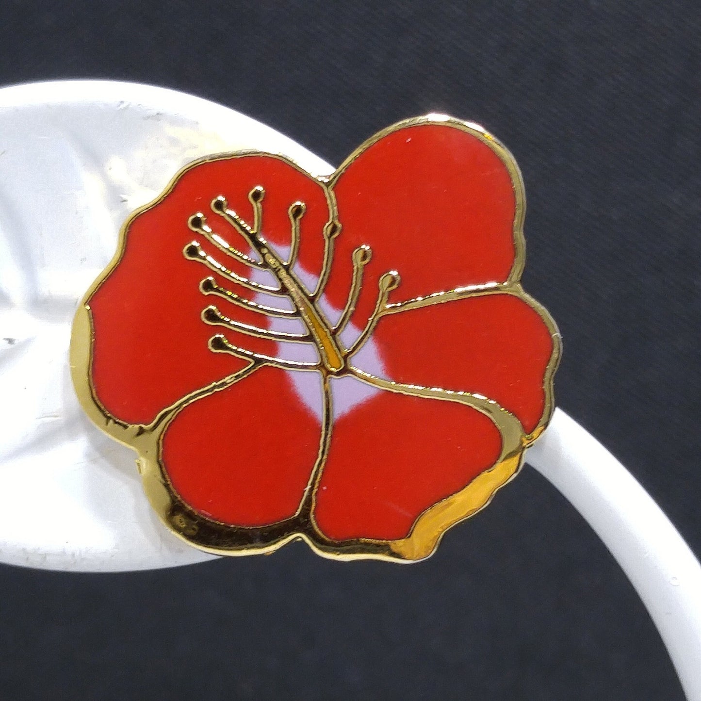 Vintage Laurel Burch Red Hibiscus Clip Earrings, Gold Plated