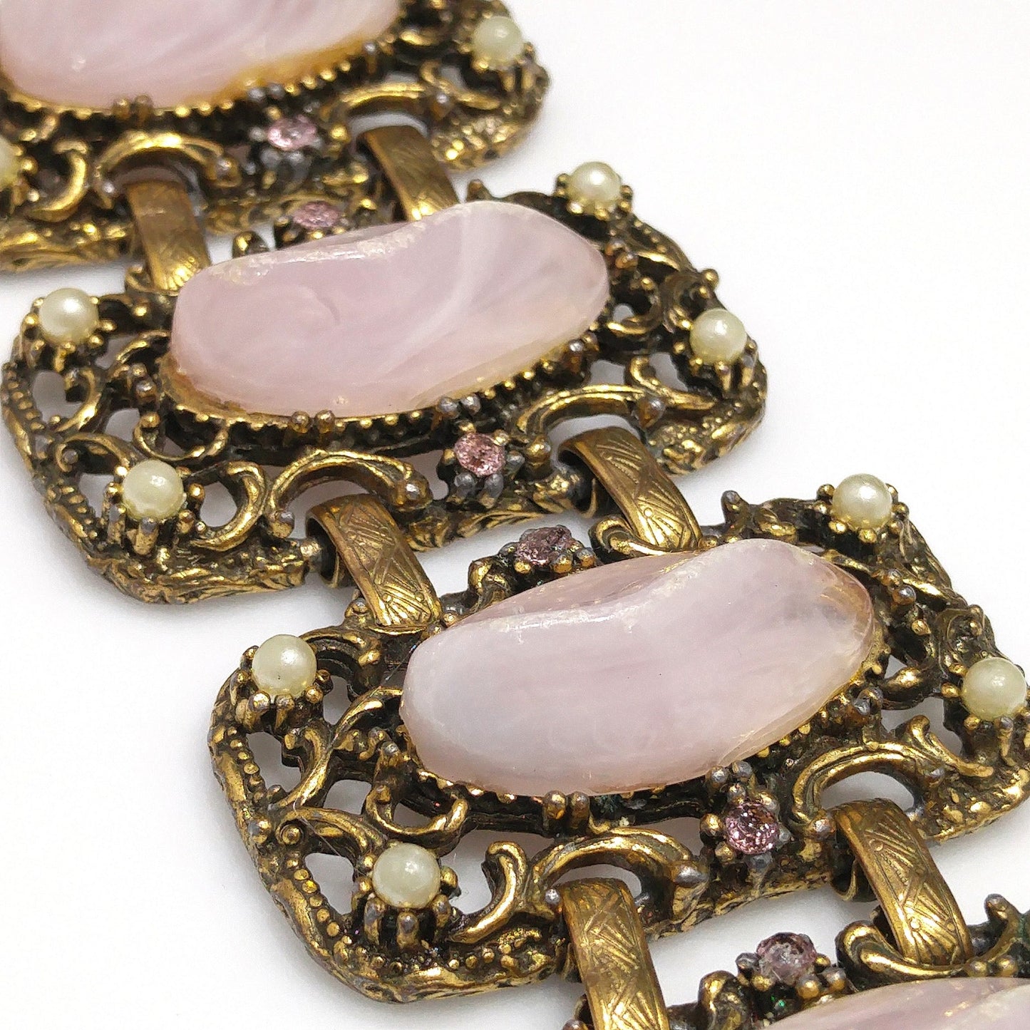 Vintage Chunky Art Glass Wide Bracelet, Pink Glass, 1940s 1950s Vintage Jewelry