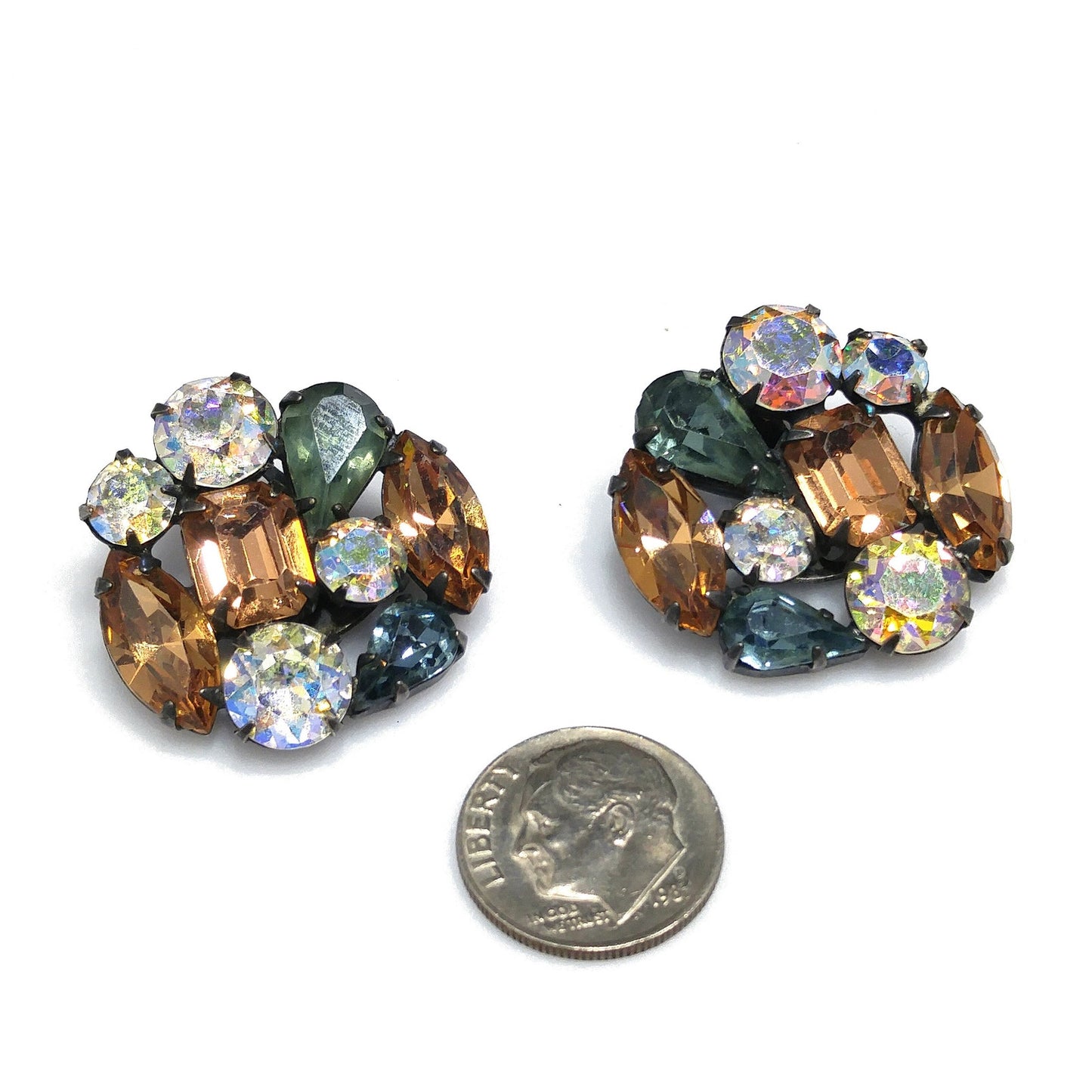 Weiss Blue Green Topaz Rhinestone Earrings, Clip Antique Gold Plate, 1950s Vintage
