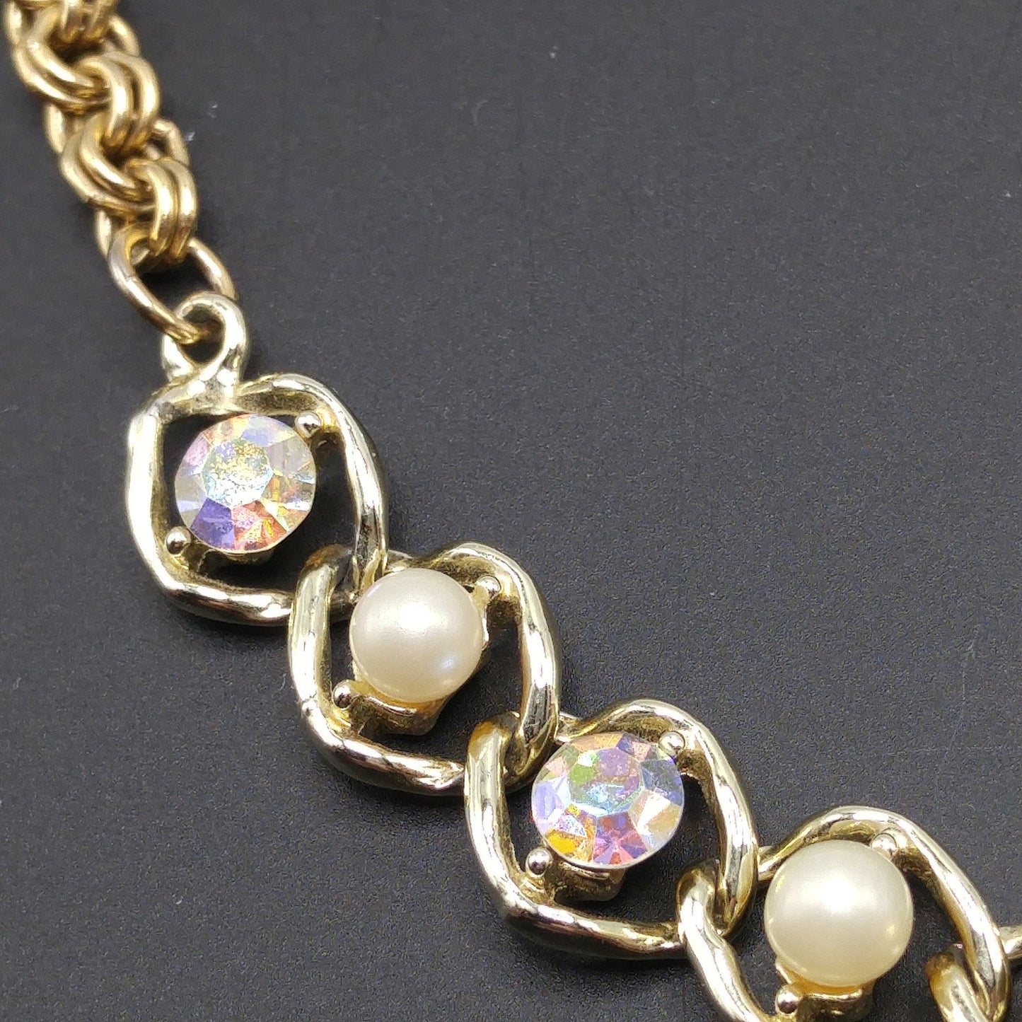 Mid-Century Faux Pearl AB Rhinestone Necklace, Aurora Borealis, 1960s Vintage Jewelry