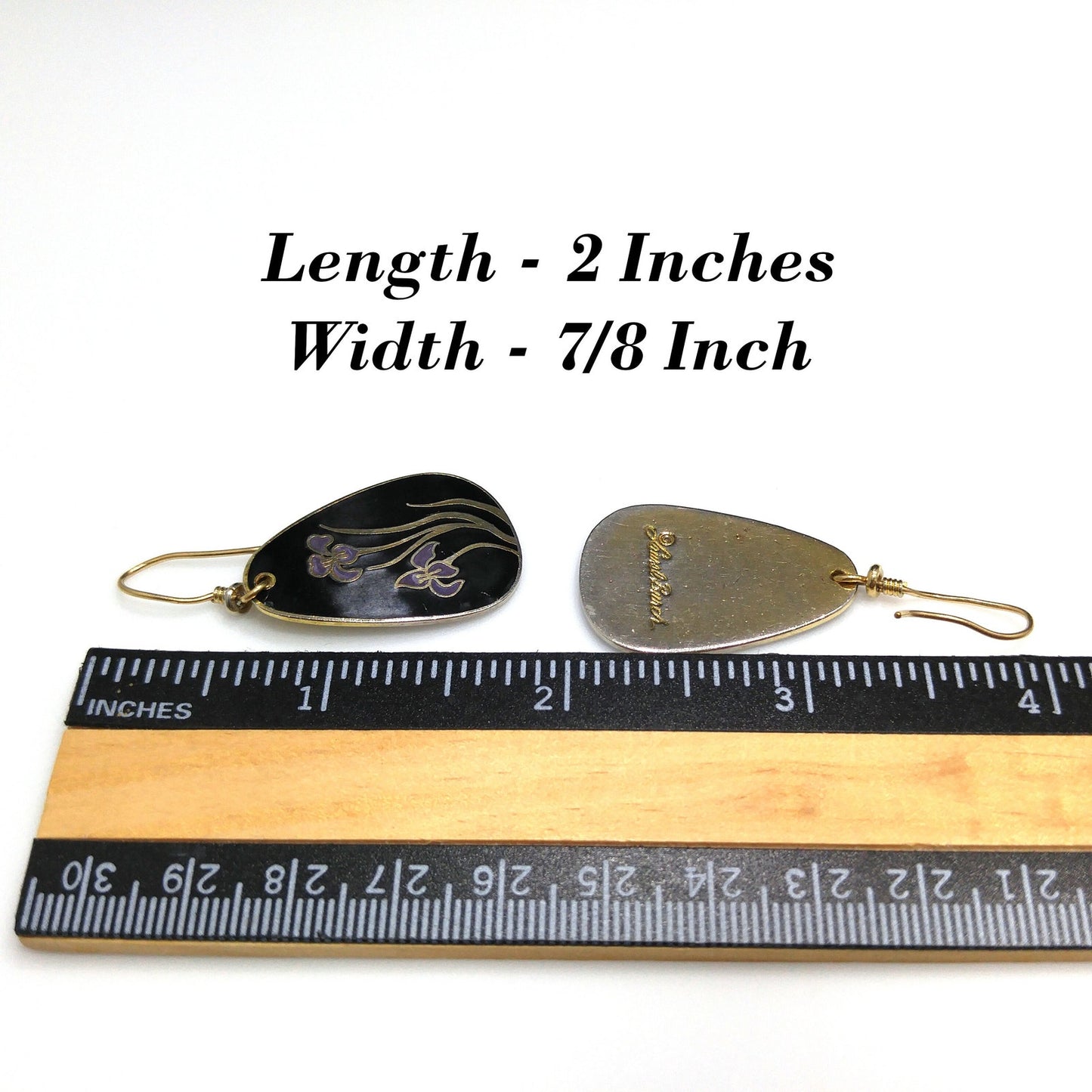 Vintage Laurel Burch Black Enamel Purple Lily Earrings, Gold Plated