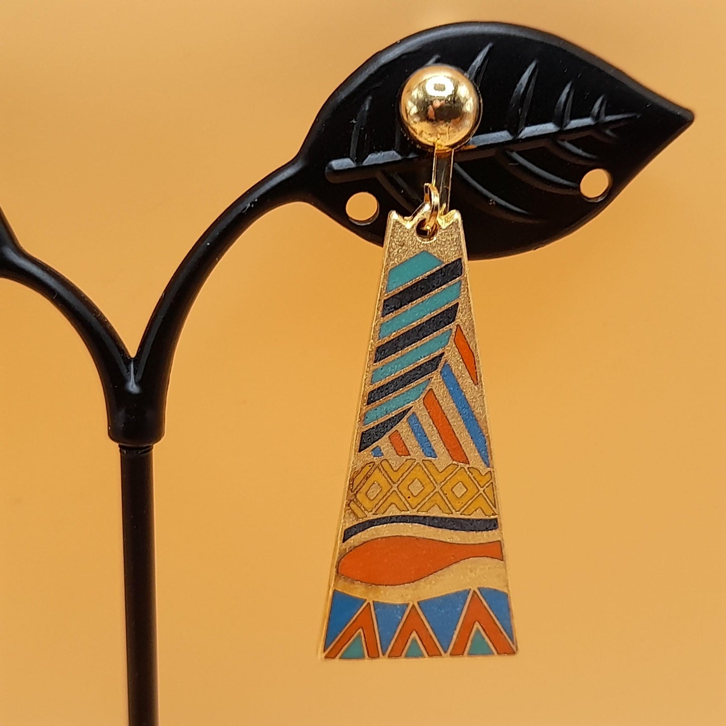 Laurel Burch "Java" Geometric Clip Earrings, Gold Plated Cloisonne Enamel, 1980s Vintage Jewelry
