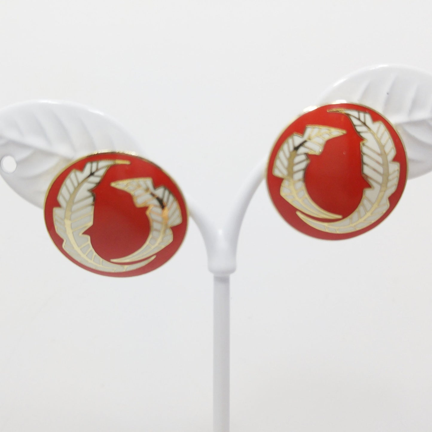 Vintage Laurel Burch "Palm Leaves" Red White Enamel Post Earrings, Gold Plated