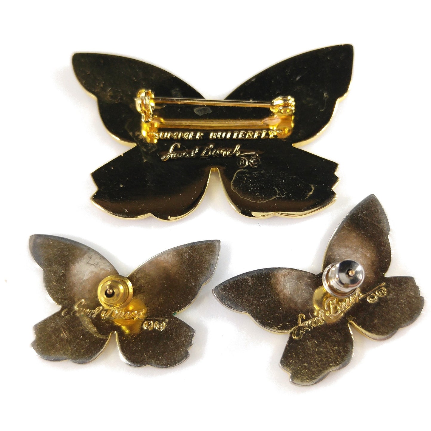 Laurel Burch "Summer Butterfly" Brooch & Earrings, Gold Plated Cloisonne' Enamel, 1980s Vintage Jewelry
