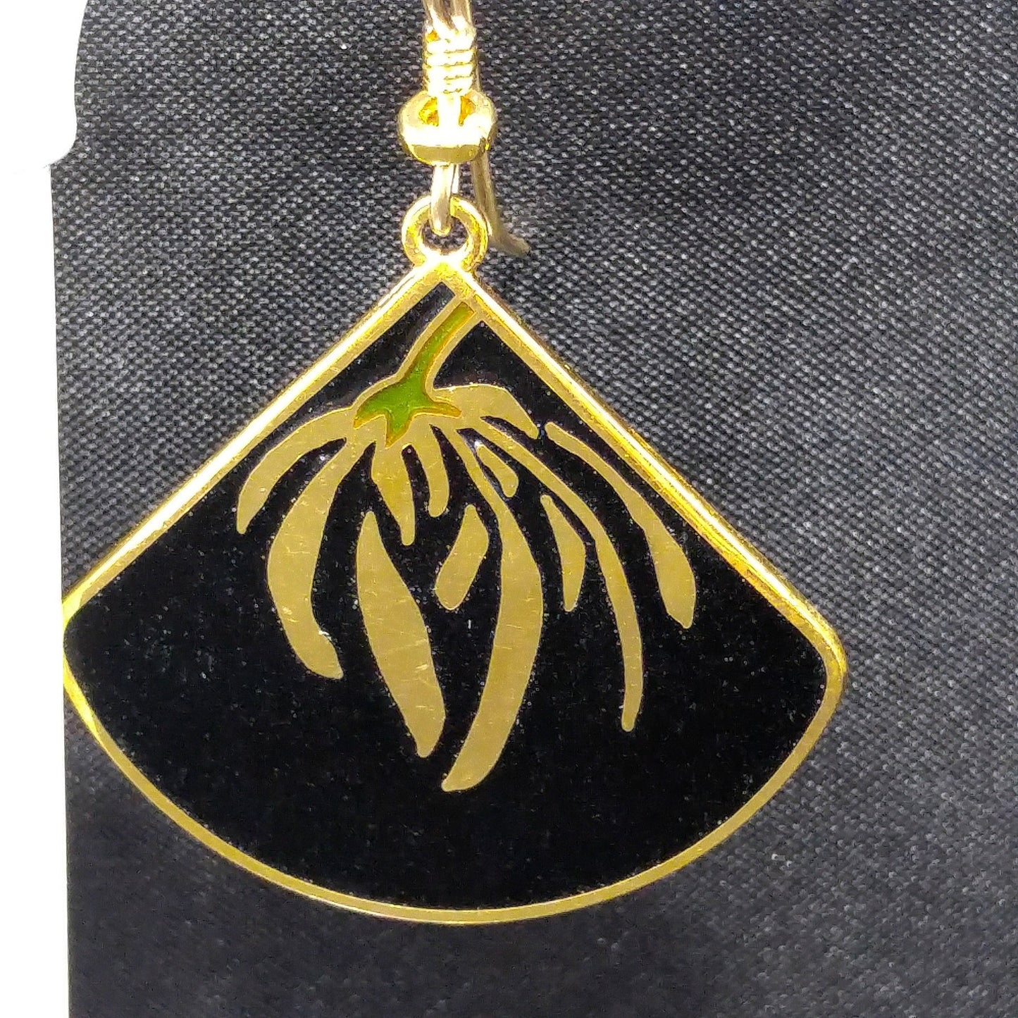 Laurel Burch Floral Earrings, Gold Plating, Black Enamel, Willow Fan, 1980s Vintage Jewelry