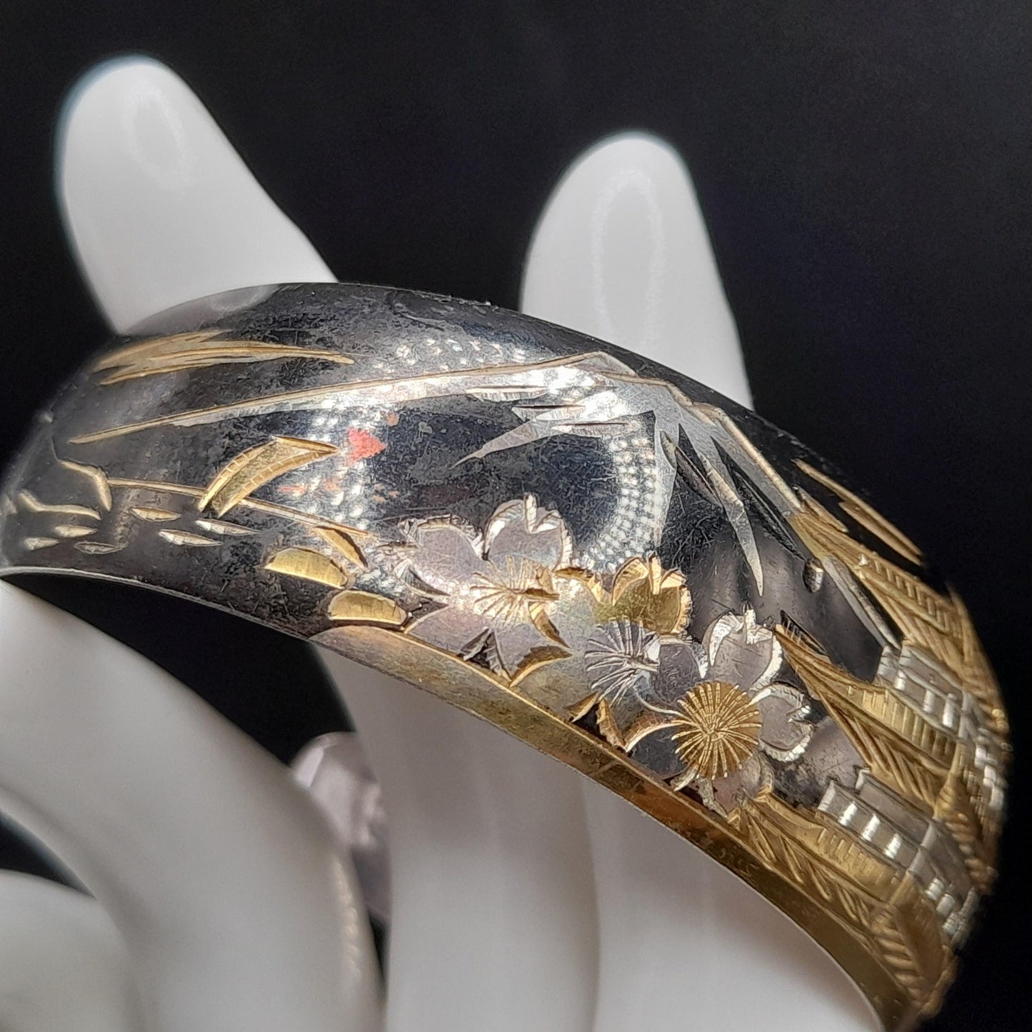 Vintage Japanese Sterling Cuff Bracelet, Mt. Fuji Pagoda Japanese Scene Panorama, 1960s Jewelry