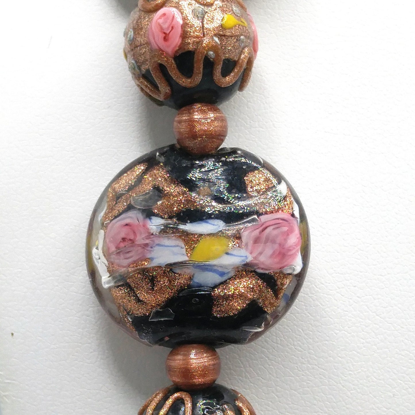 Vintage Italian Wedding Cake Glass Necklace, Black Gold Copper Venetian Lampwork Beads, 1940s Vintage Jewelry