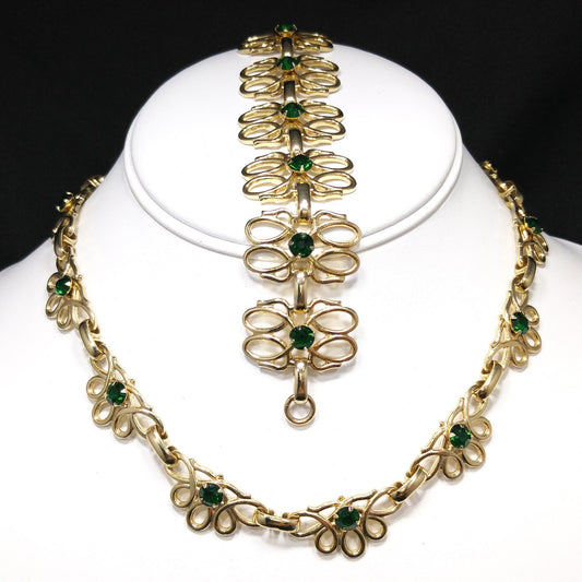 Green Rhinestone Necklace & Bracelet Set, Gold Tone, 1950s Vintage Jewelry