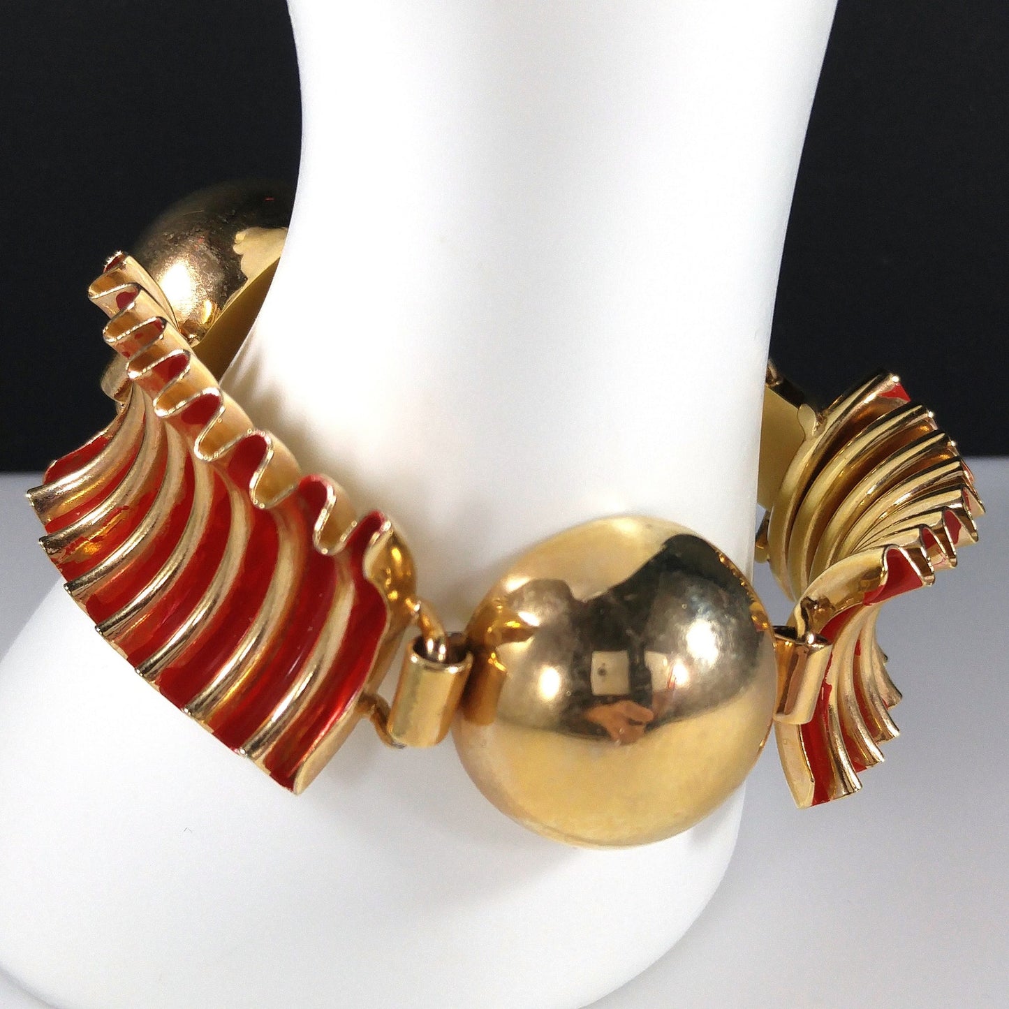 Red Enamel Ribbon Bracelet, Mid Century Modern, Gold Plated, 1950s Vintage Jewelry