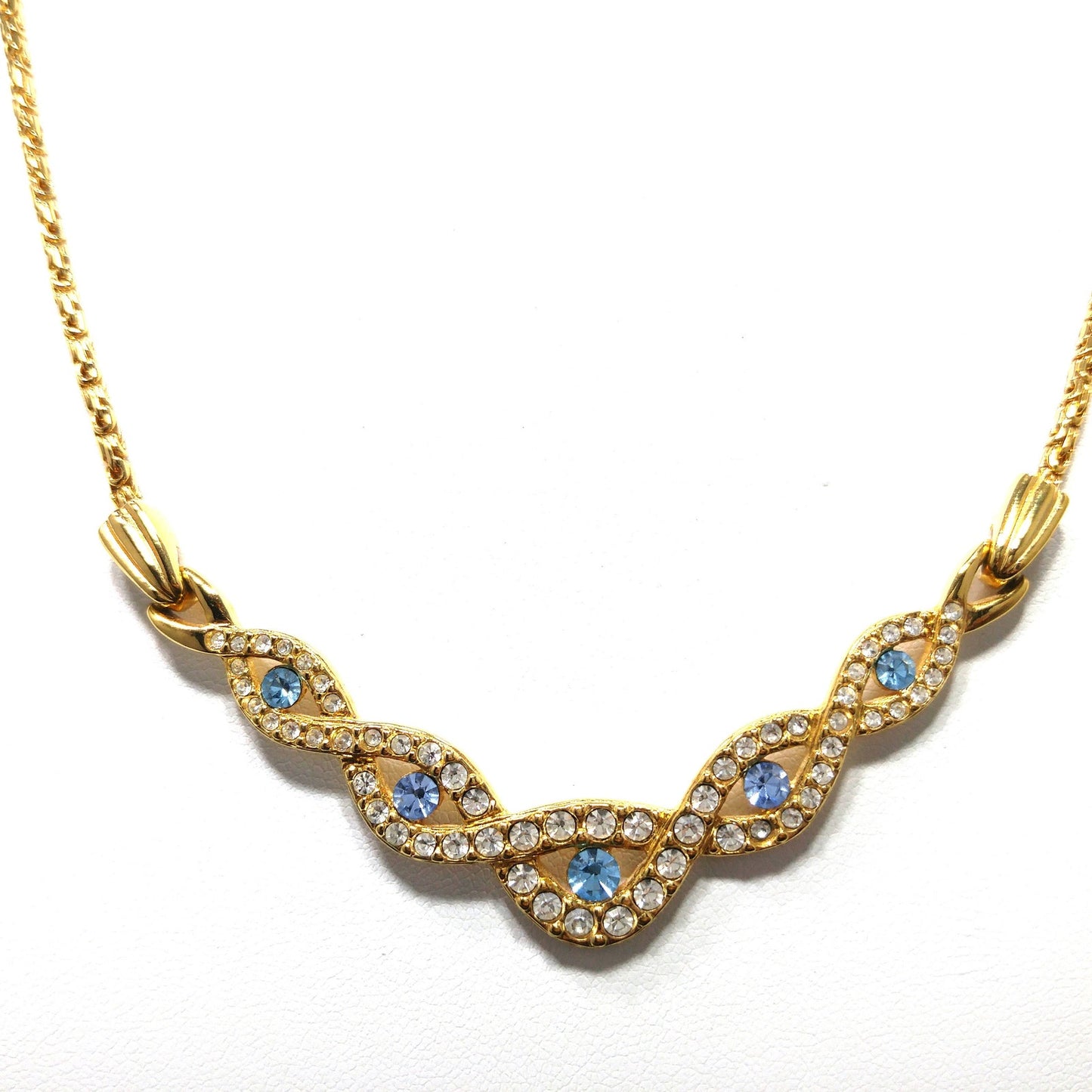 Vintage Swarovski Choker Necklace – Light Blue & Clear Crystals, Gold Plated, 1990s