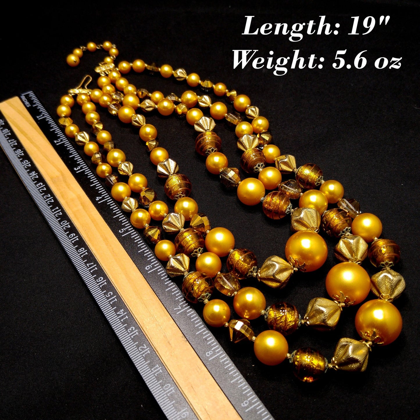 Vintage 1950s Gold Glass Bead Necklace, 3 Strand Mid-Century Statement Jewelry
