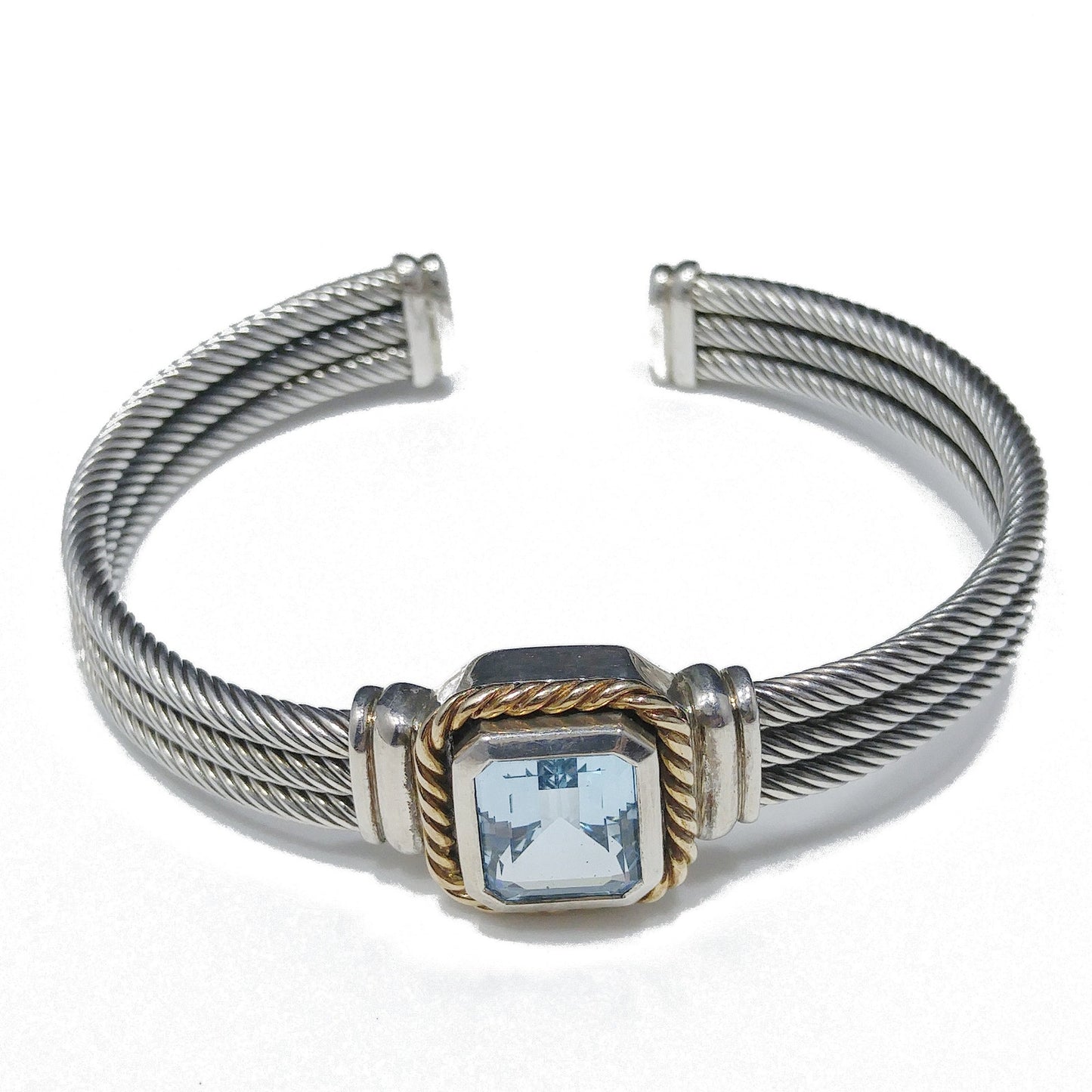 Blue Topaz Sterling Gold Trim Cuff Bracelet, Thailand 925 14K, 1990s Vintage Jewelry