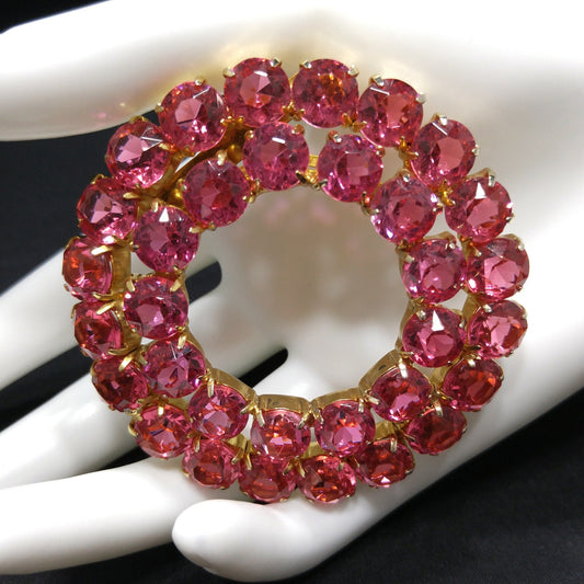 Pink Rhinestone Round Brooch, Gold Plated, Open Back Stones, 1960s Vintage Jewelry