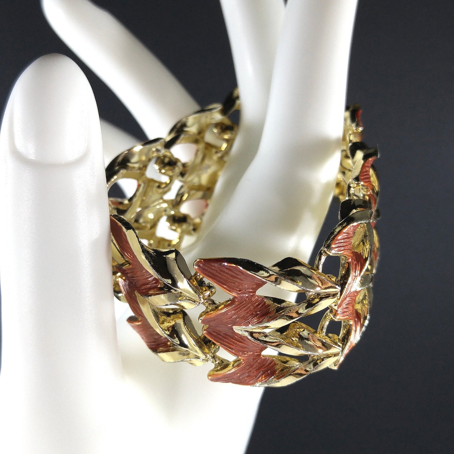 Rust Enamel Gold Plated Wide Link Bracelet, Mid Century Modern, 1950s Vintage Jewelry