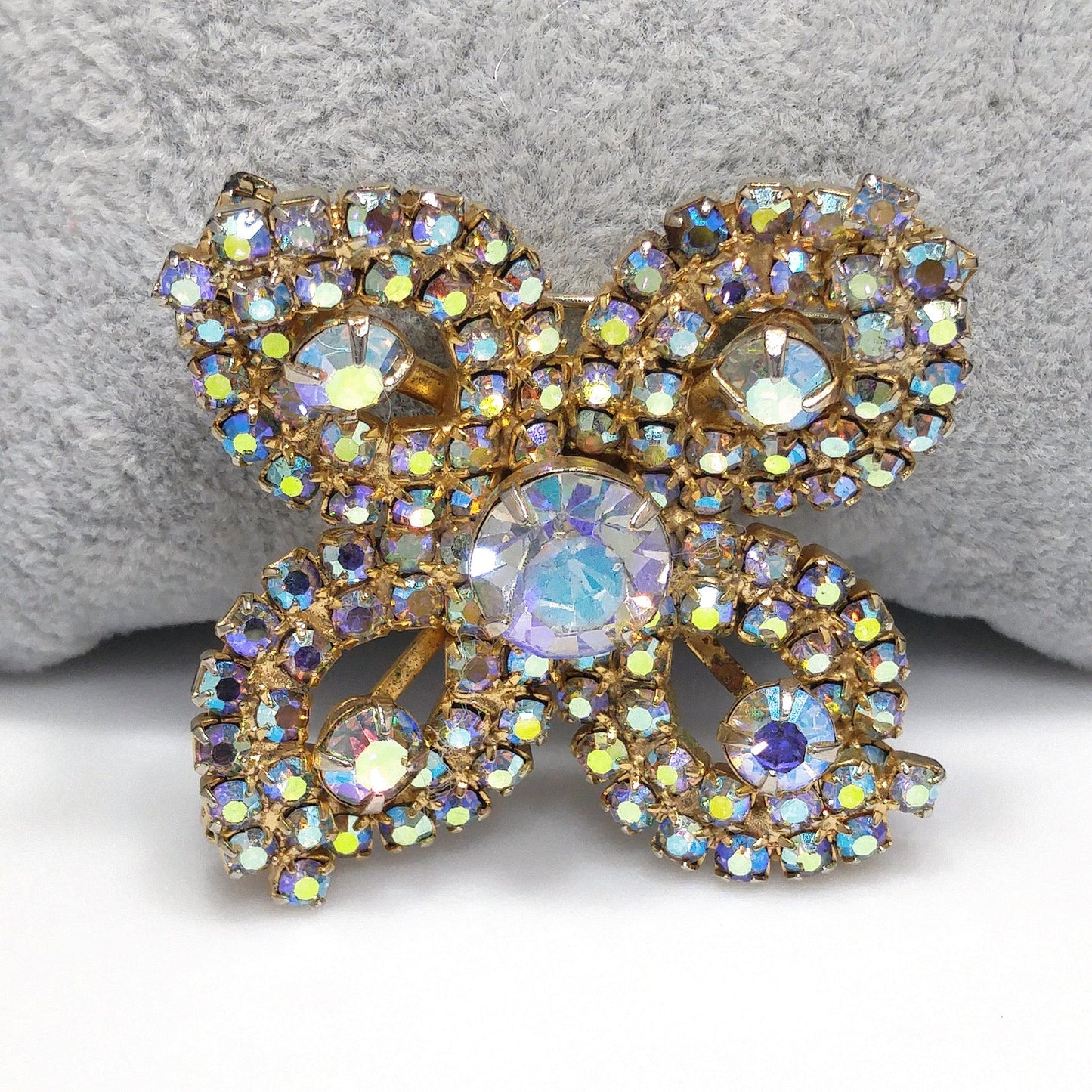 Aurora Borealis Flower Brooch, Gold Plated, 1960s Vintage Jewelry
