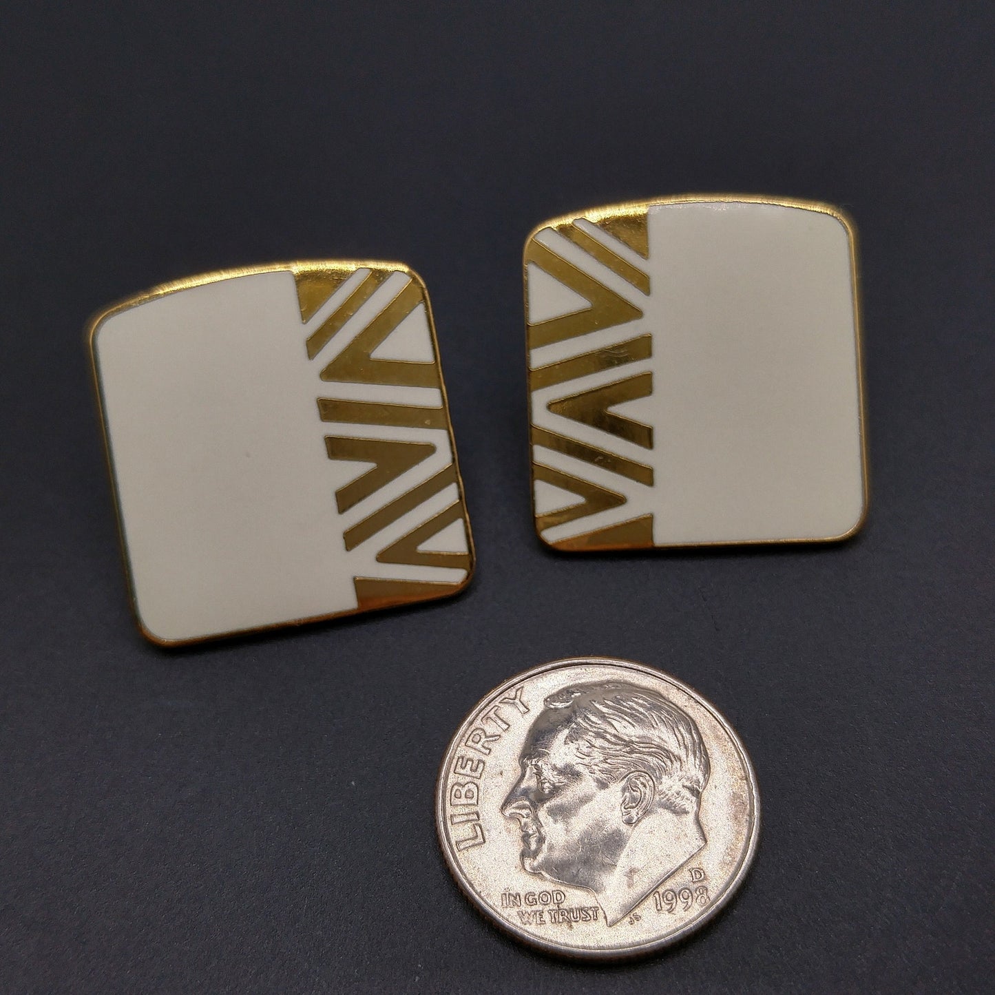 Vintage Laurel Burch "Naito" Geometric Post Earrings, Cream Enamel, Gold Plate