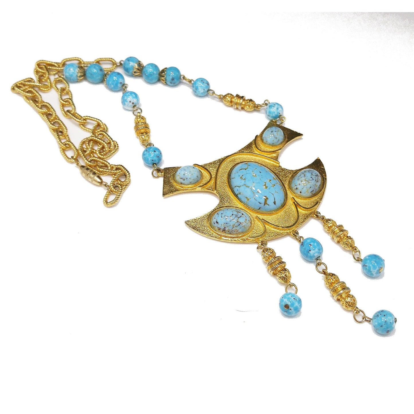Vendome Pendant Necklace, Gold Plated, Faux Glass Turquoise, 1960s Vintage Jewelry