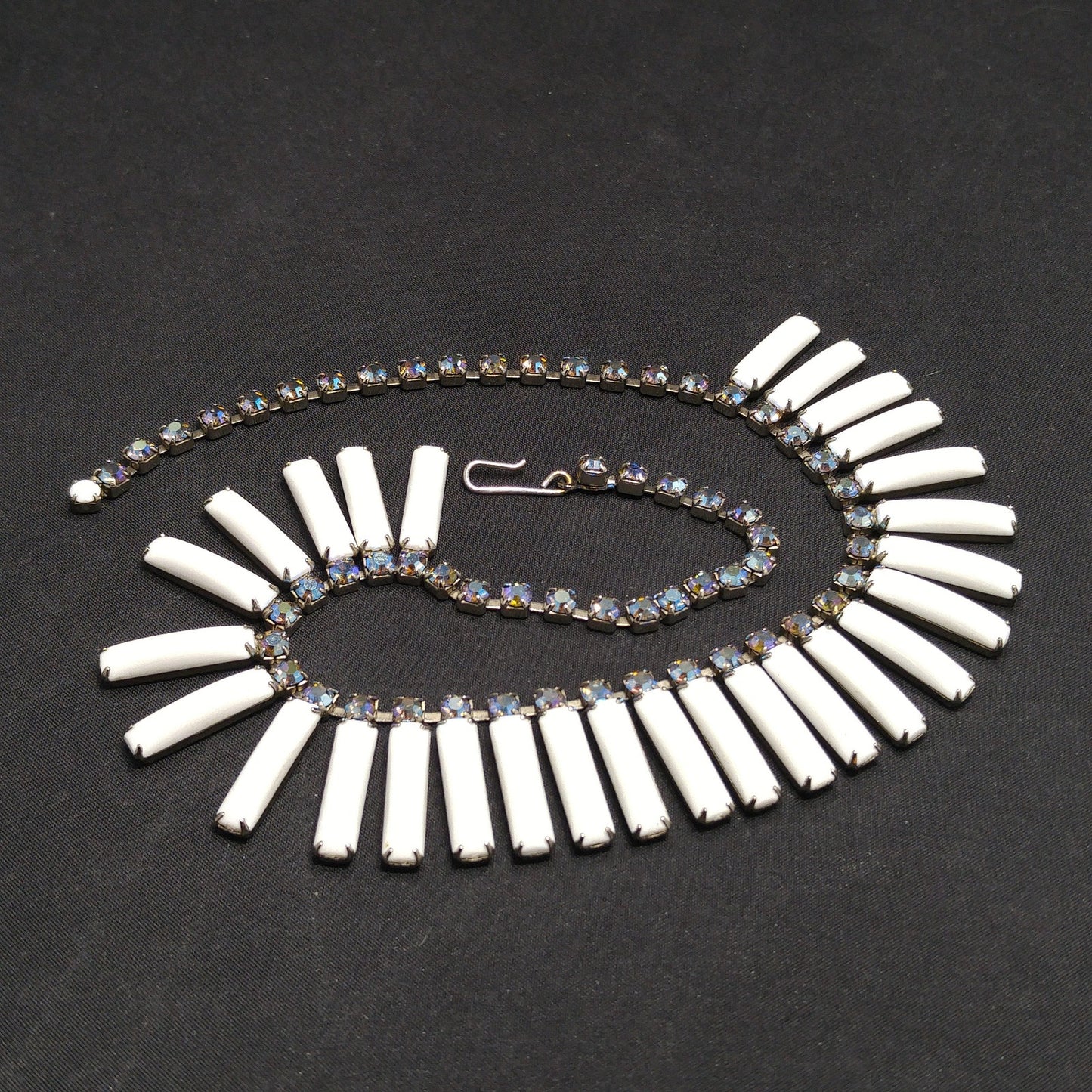 White Lucite Blue Aurora Borealis Rhinestones Necklace, Egyptian Revival Mid-Century, 1960s Vintage Jewelry