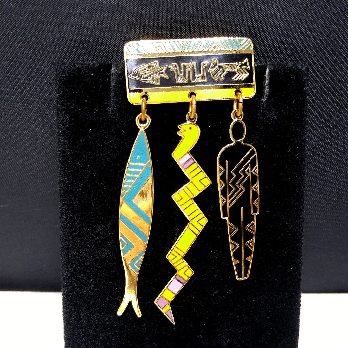 Laurel Burch "Artifacts" Brooch, Fish Snake Man, Gold Plated, 1980s Vintage Jewelry