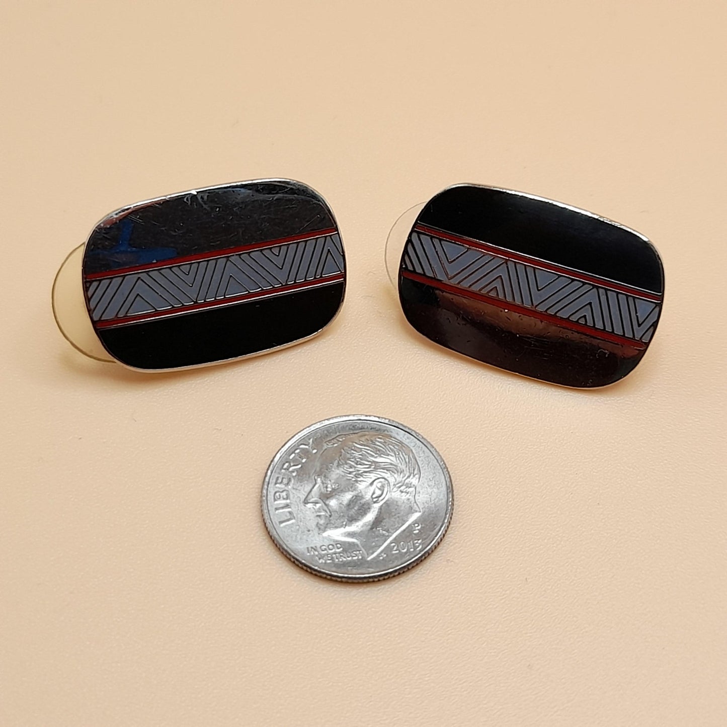 Laurel Burch "Loloma" Post Earrings, Reflective Silver, Red Black Enamel, 1980s