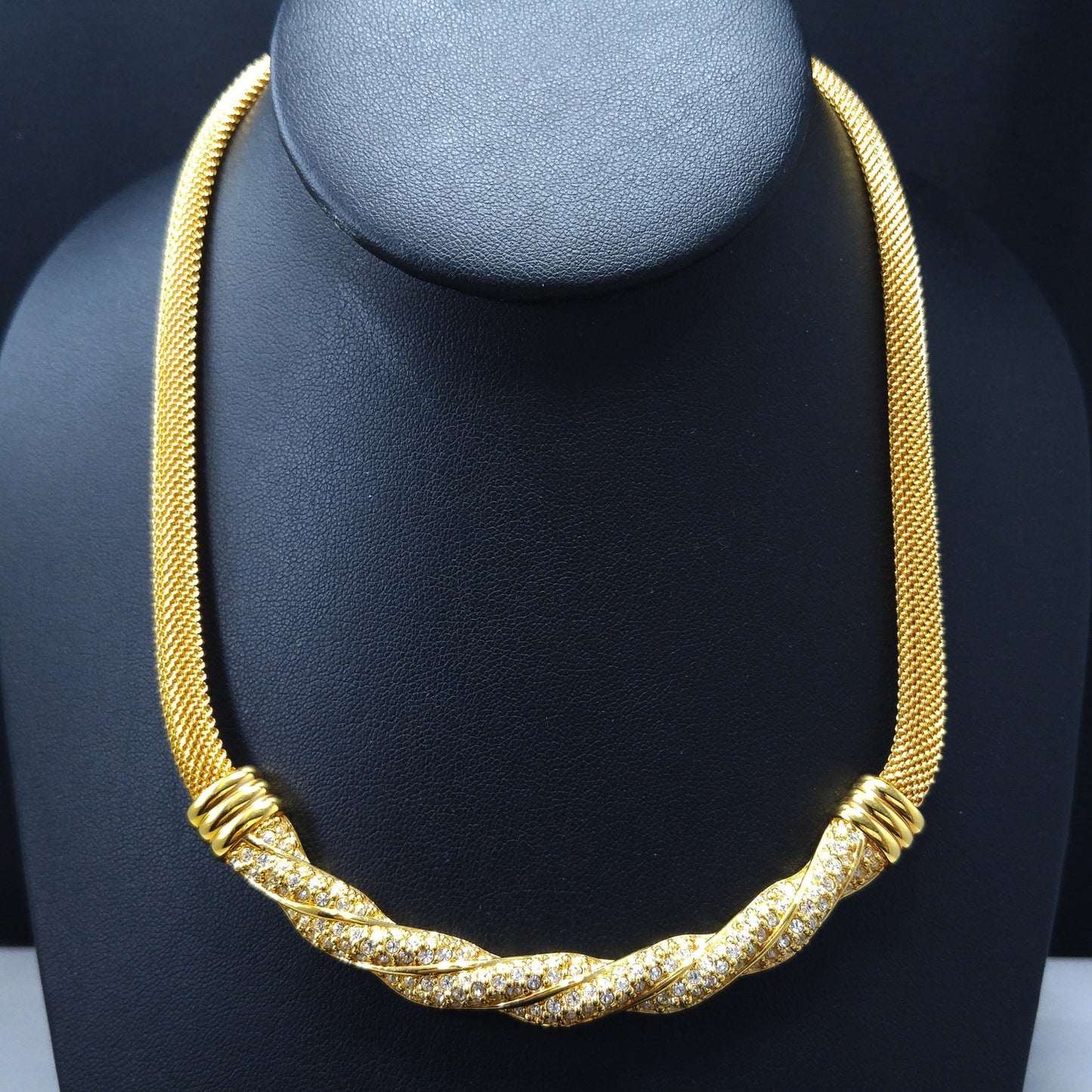 Vintage Swarovski Mesh Necklace & Earrings Set – Gold Plated with Rhinestones