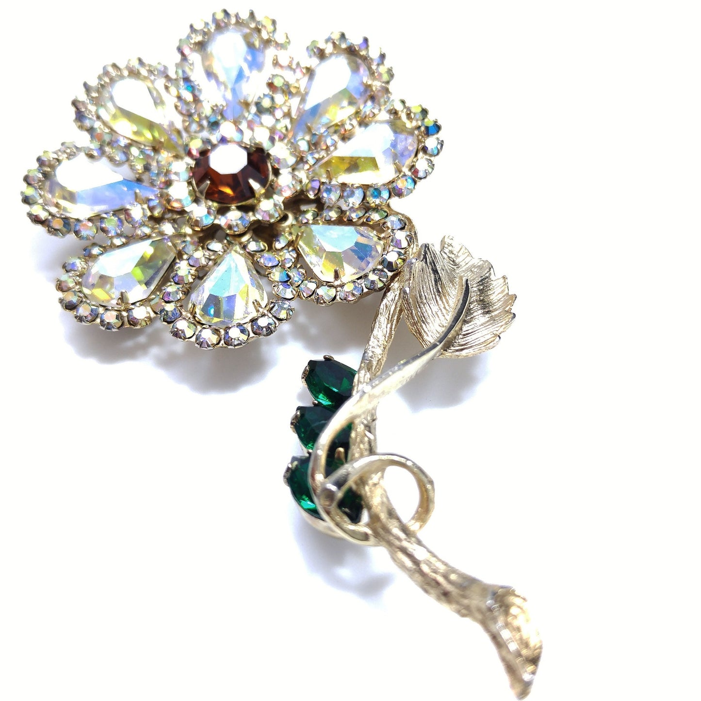 Weiss 1960s Aurora Borealis Rhinestone Flower Brooch with Green Leaves – Gold Plated