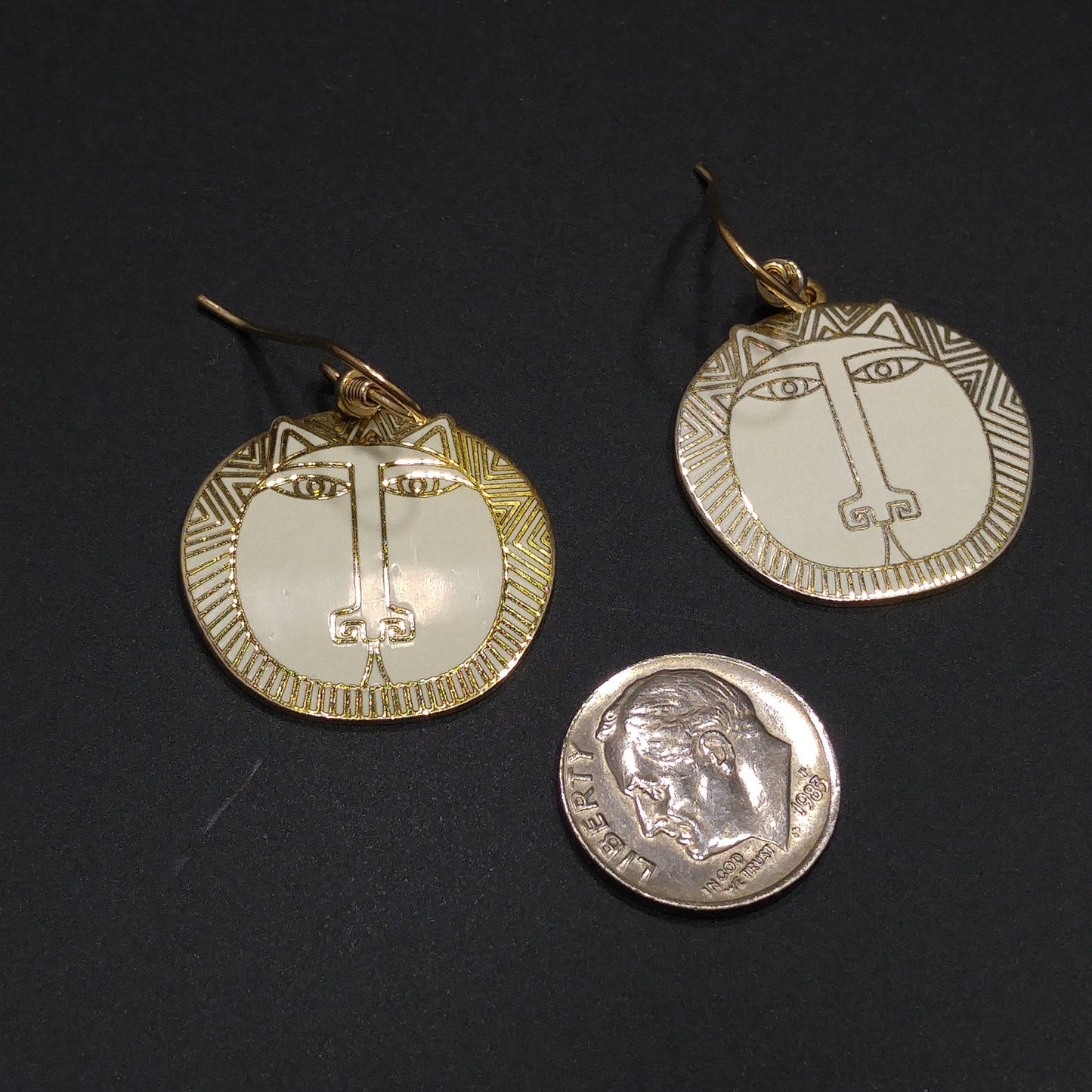 Laurel Burch "Moon Tiger" White Drop Earrings, Gold Plated Cloisonné, White Enamel, 1980s Vintage Jewelry
