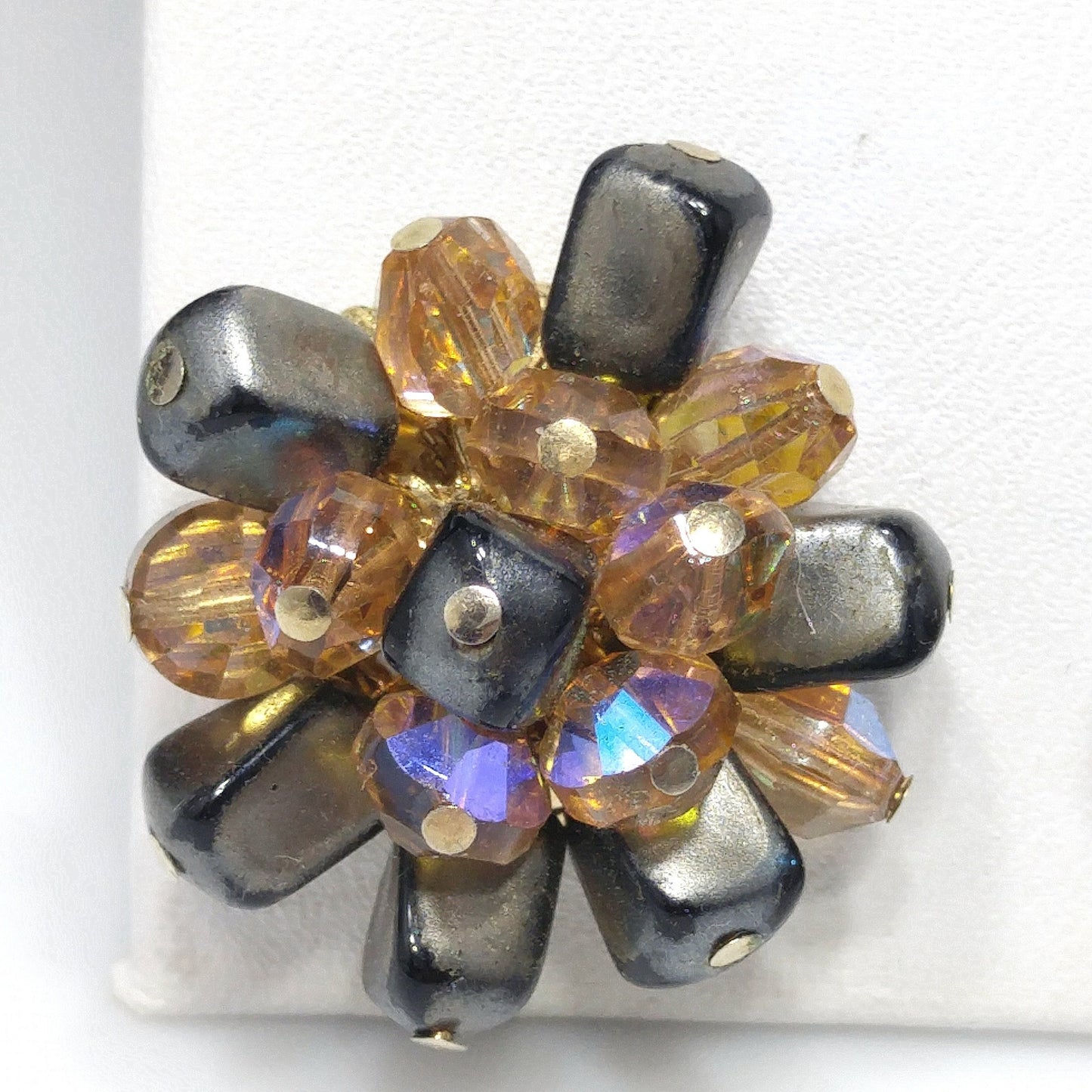 Vendome Beaded Clip Earrings, Brown Iridescent AB Topaz Beads, 1960s Vintage Jewelry