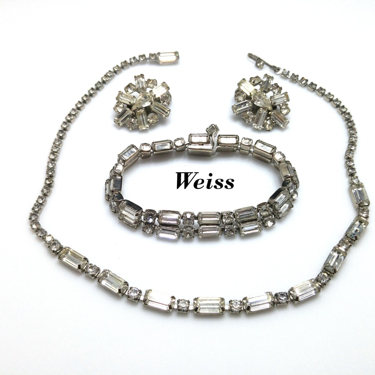 Vintage Weiss Earrings Bracelet & Necklace, Clear Rhinestones, Rhodium Plated