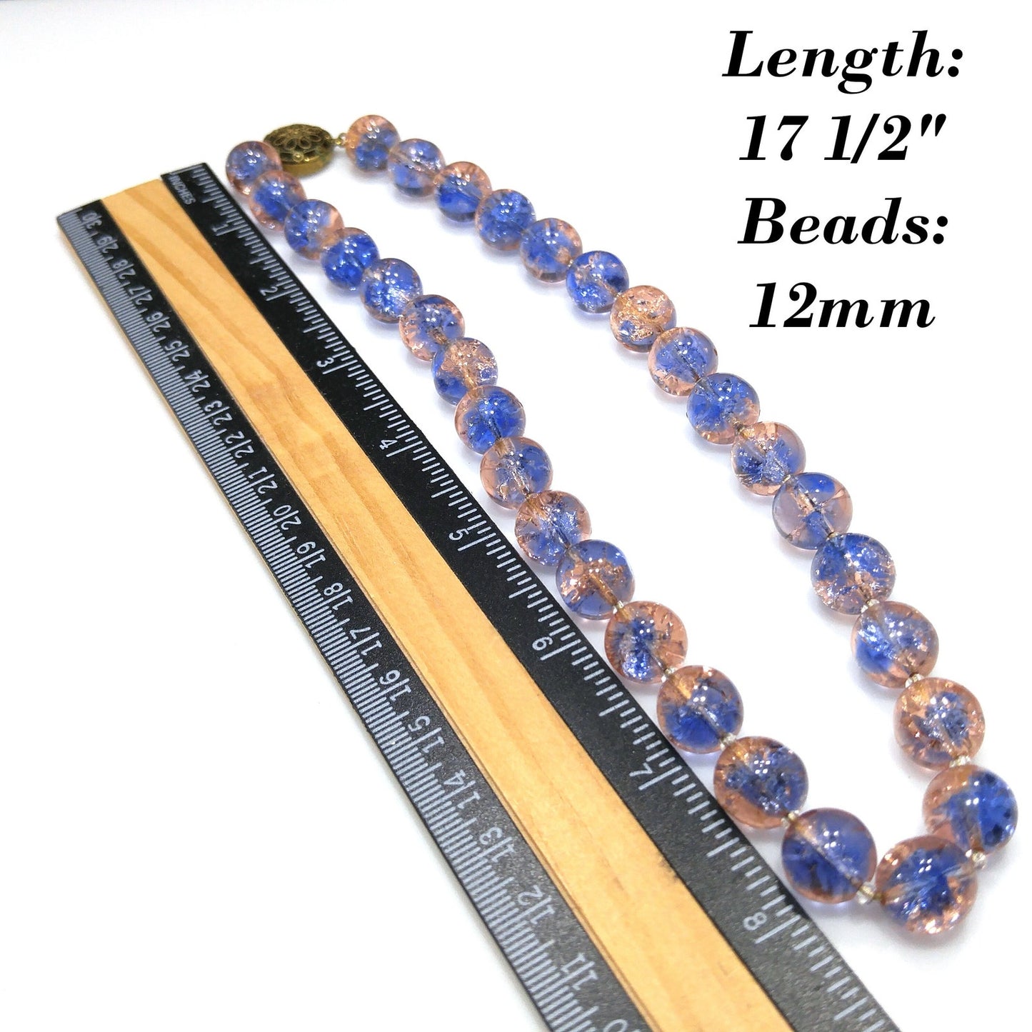 Blue Pink Crackle Glass Beaded Necklace, Filigree Brass Clasp, 1950s Vintage Jewelry